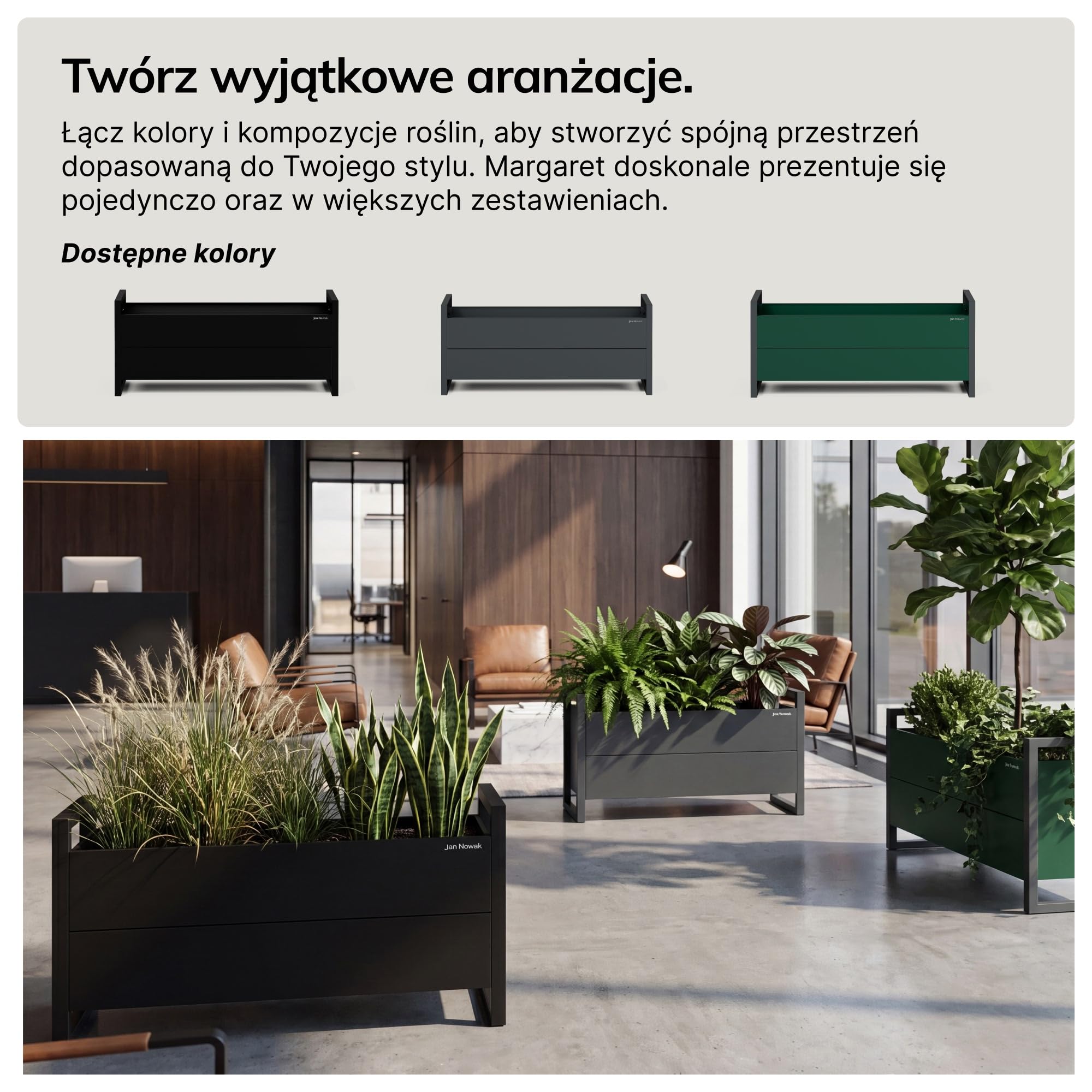 Jan Nowak MARGARET Osłona Donica na Kwiaty do Wnętrz i Ogrodu 100 x 43 x 38 cm Butelkowa Zieleń-Antracyt Stalowa z Otworami Drenażowymi Prostokątna
