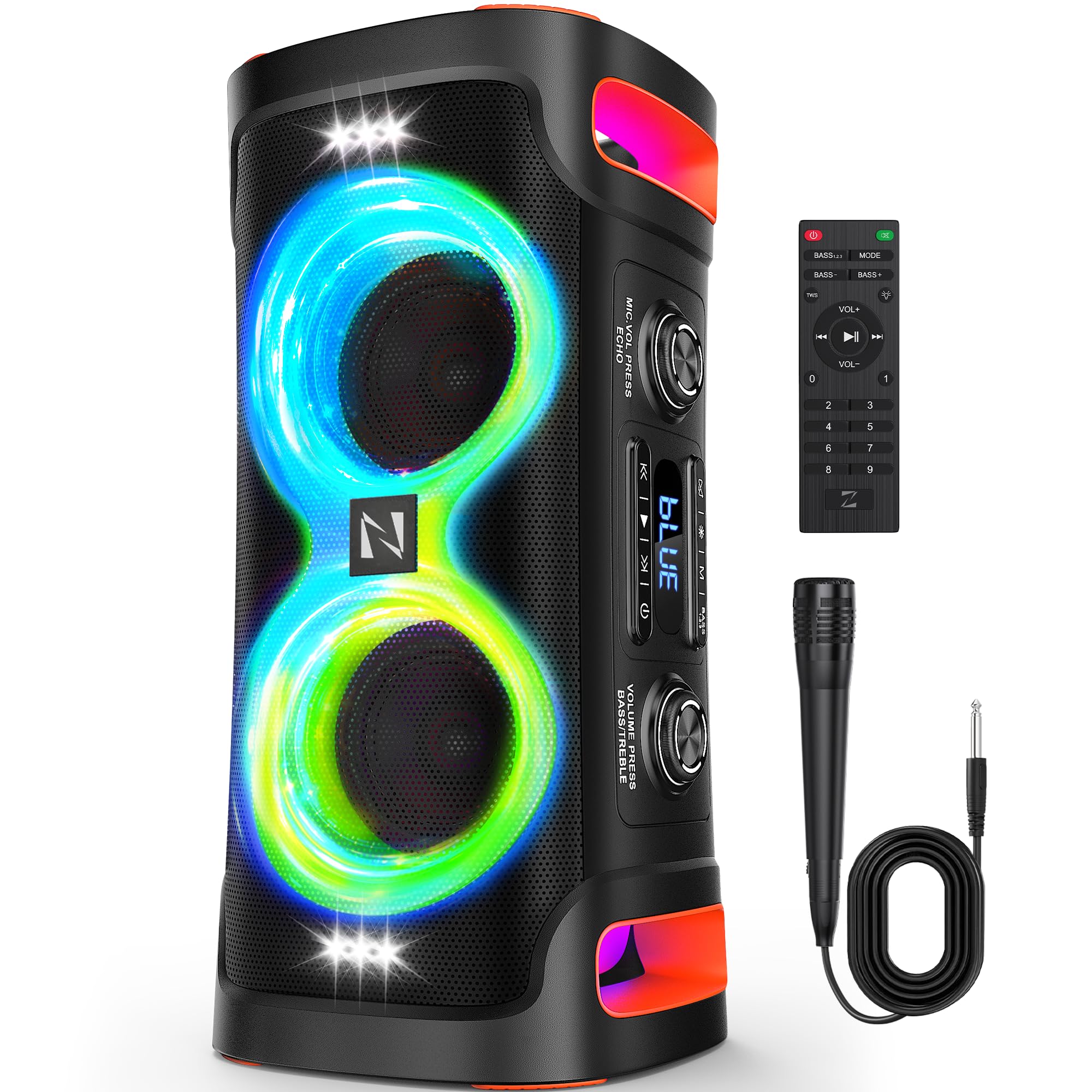 Portable Bluetooth Speaker with 1 Microphone, 300W Peak Karaoke Machine Powerful Loud Sound Deep Bass Wireless Subwoofer, 15H Battery Life Fast Charging, Speaker for Party, Outdoor, Beach, Home System