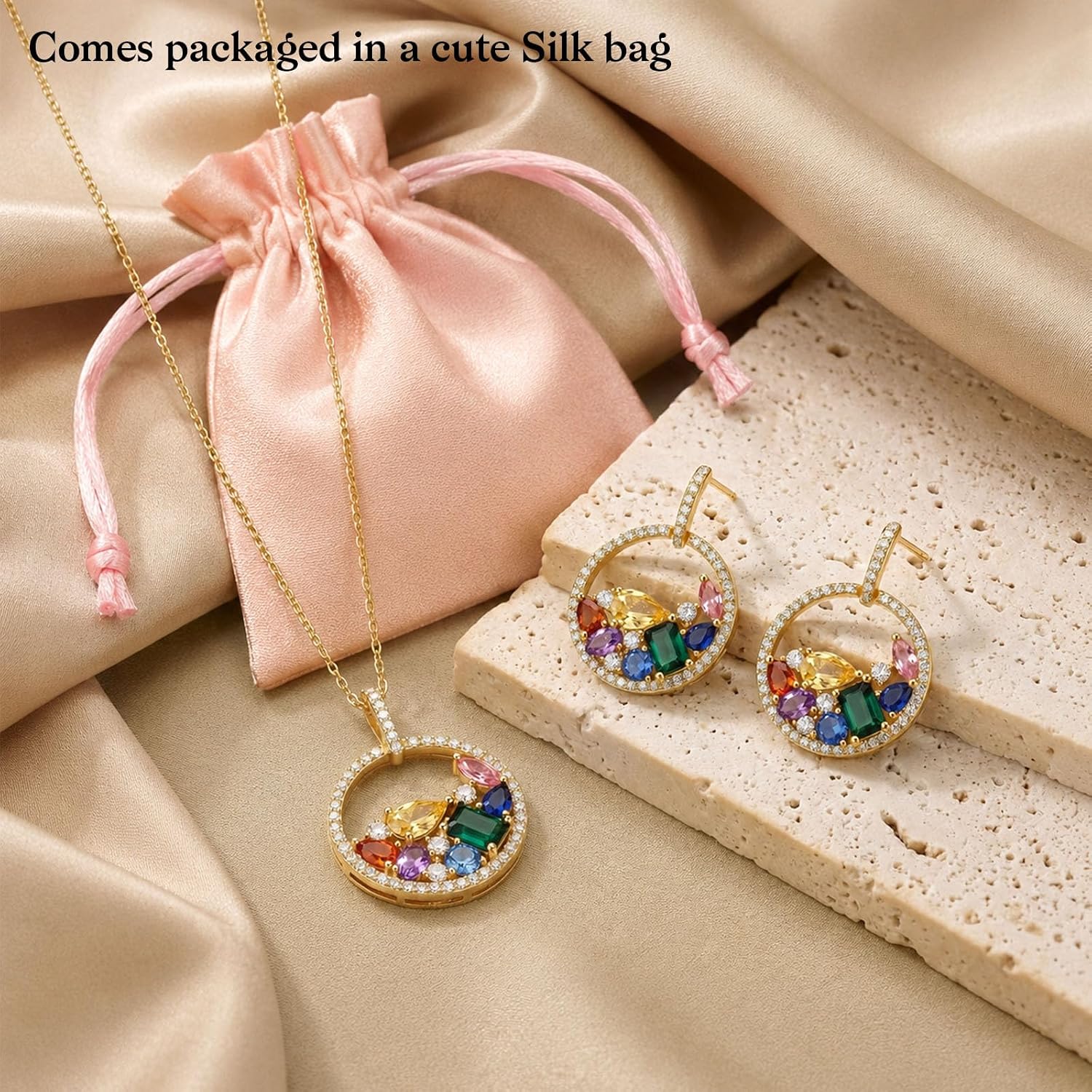 Christmas Jewelry Set for Women, 14K Gold Plated Colorful Cubic Zirconia Necklace and Earrings Set with 925 Sterling Silver Posts, Red Green Holiday Jewelry Gift for Her