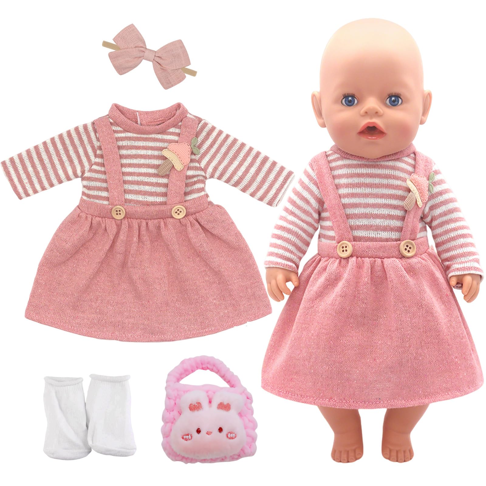 Xerteam Doll Clothes 35-45 cm for Baby Dolls, Clothes Set for 14-17 inch Dolls, Sweet and Adorable Doll Clothes, Suspender Dress, Hairband, Random Pink Bunny Bag, Socks (Pink)