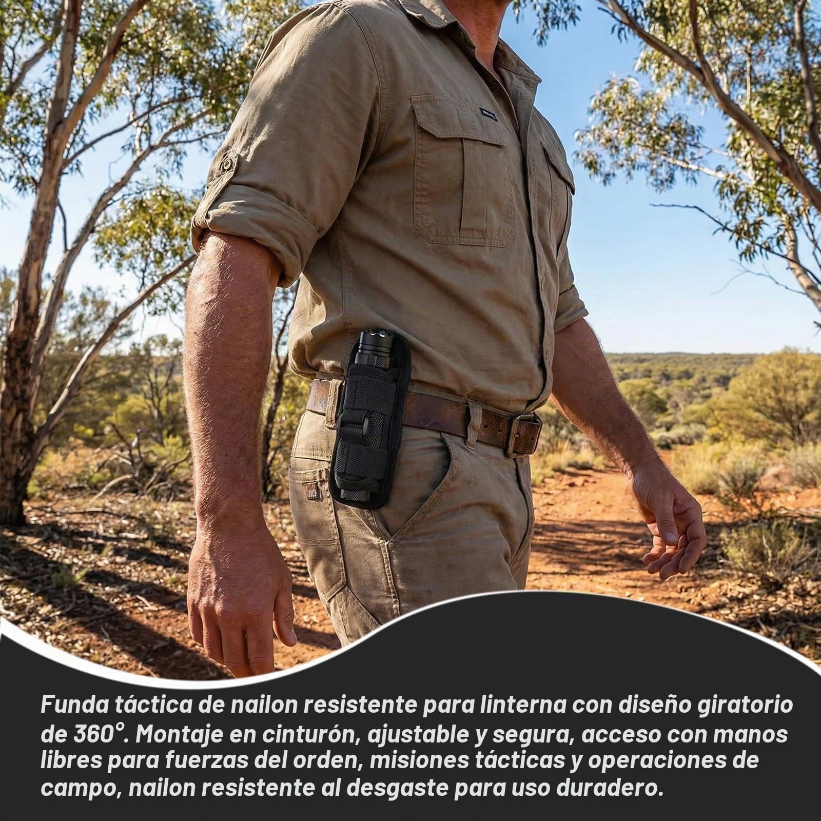 Funda de Linterna de Nylon Elástico con Clip Giratorio 360 Grados - Soporte Resistente para Actividades al Aire Libre, Senderismo y Camping, Compatible con Linternas AA y 18650, Versátil y Práctica