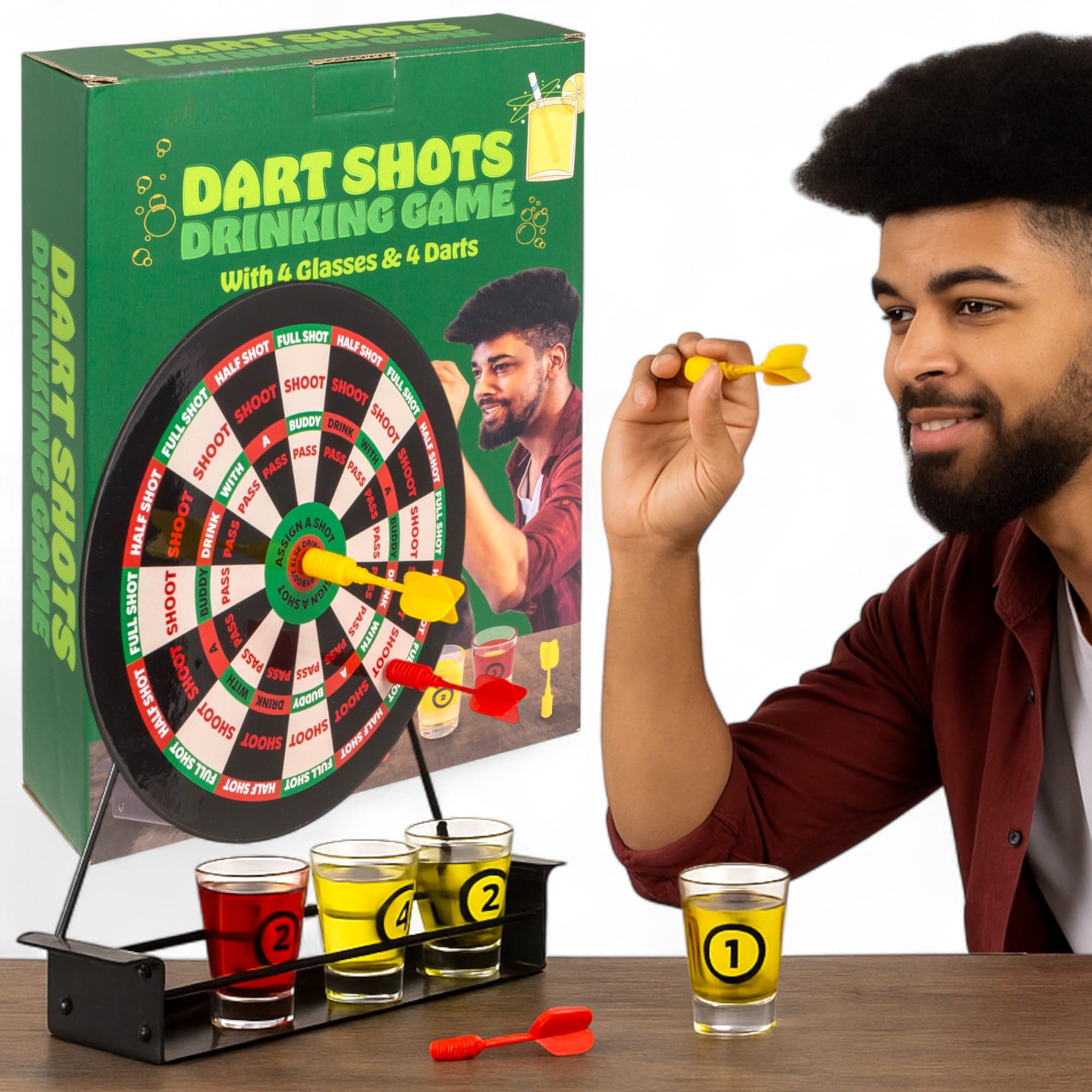 MIJOMA Dart Trinkspiel – Partyspiel mit Dartscheibe, 4 Shotgläsern & 4 Darts – witziges Trinkspiel für Erwachsene, Geburtstag, Junggesellenabschied, WG-Party