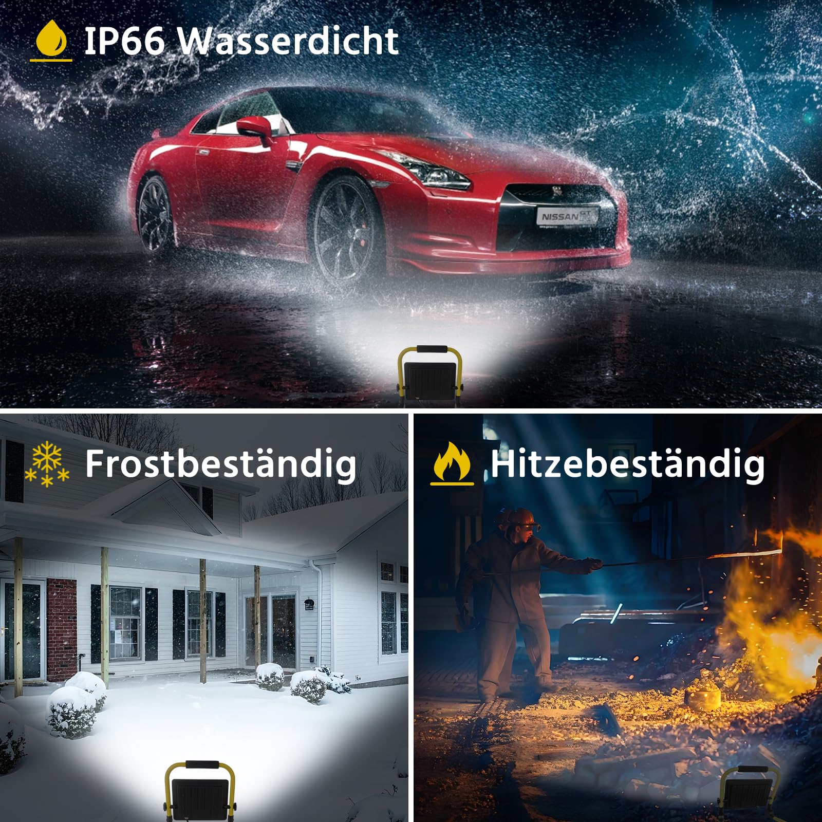 30W Led Baustrahler,3240LM Superhelle Arbeitsleuchte,Tragbares Baustrahler,6000K TageslichtWeiß,Ip66 Wasserdicht,Eu-Stecker Bauleuchten mit 3.5M Kabel und Schalter für Werkstatt,Garage,Garten