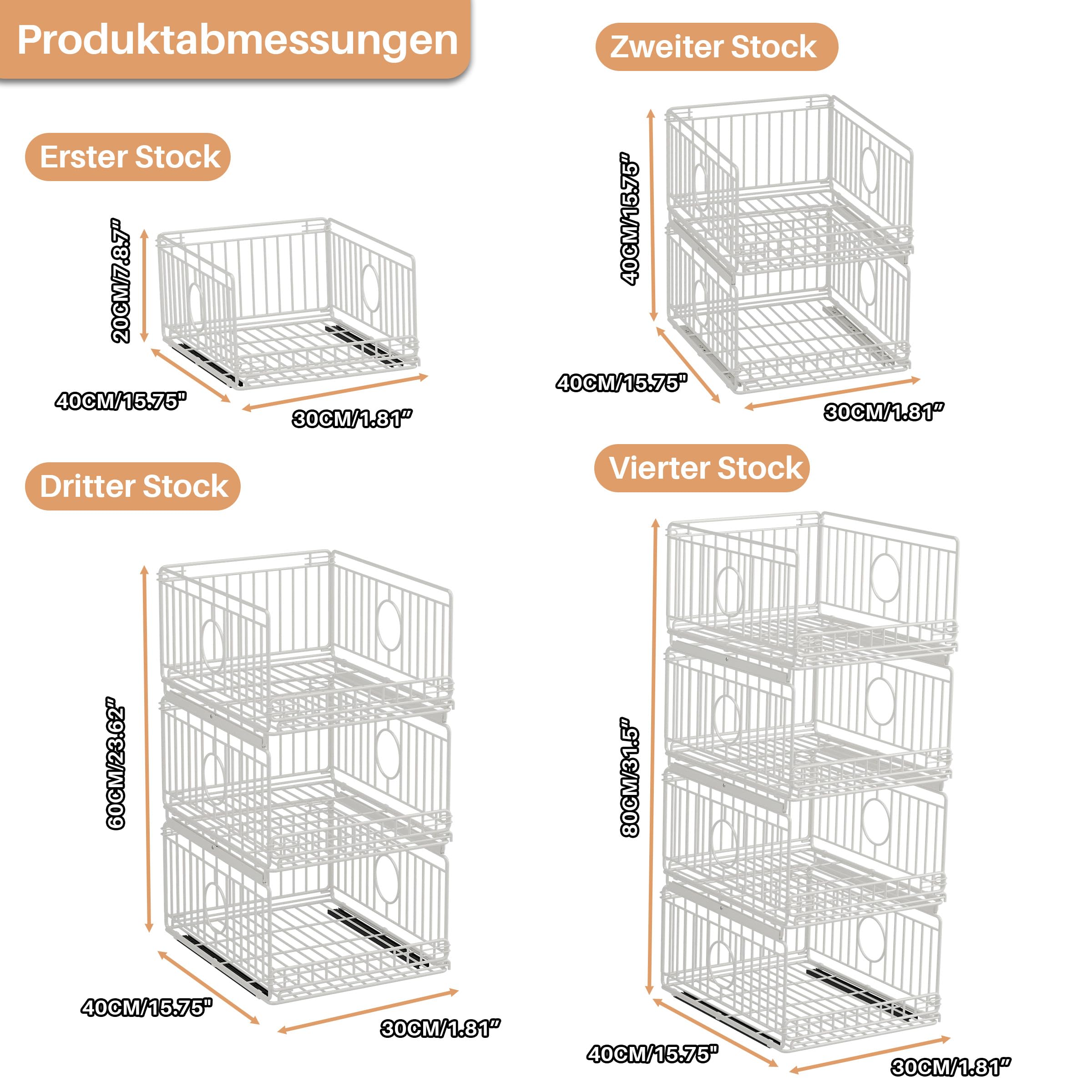 Ausziehbar & Stapelbar Kleiderschrank Organizer, 4 Stück Metall Aufbewahrungsbox, Schubladen Aufbewahrung für Kleidung, Küche, Waschküche, Spielzeug, Kein Bohren, Weiß