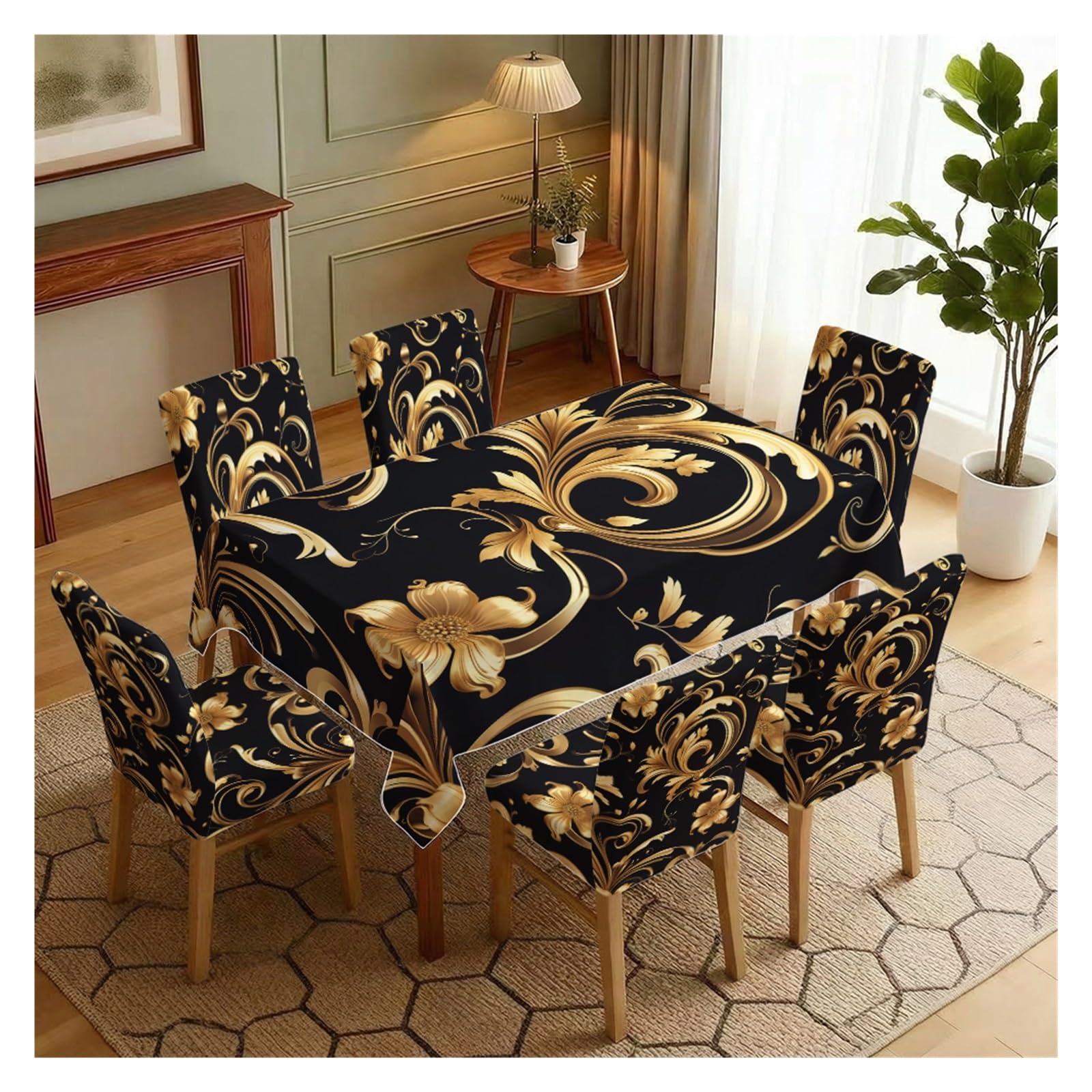 KXUAUV Baroque Print Stretch Chair Covers & Tablecloth Set, For Dining Room Kitchen Formal Dinner Party Decor, 5/7 Pack Party Decor(7pcs Set: Tablecloth+Chair Covers)
