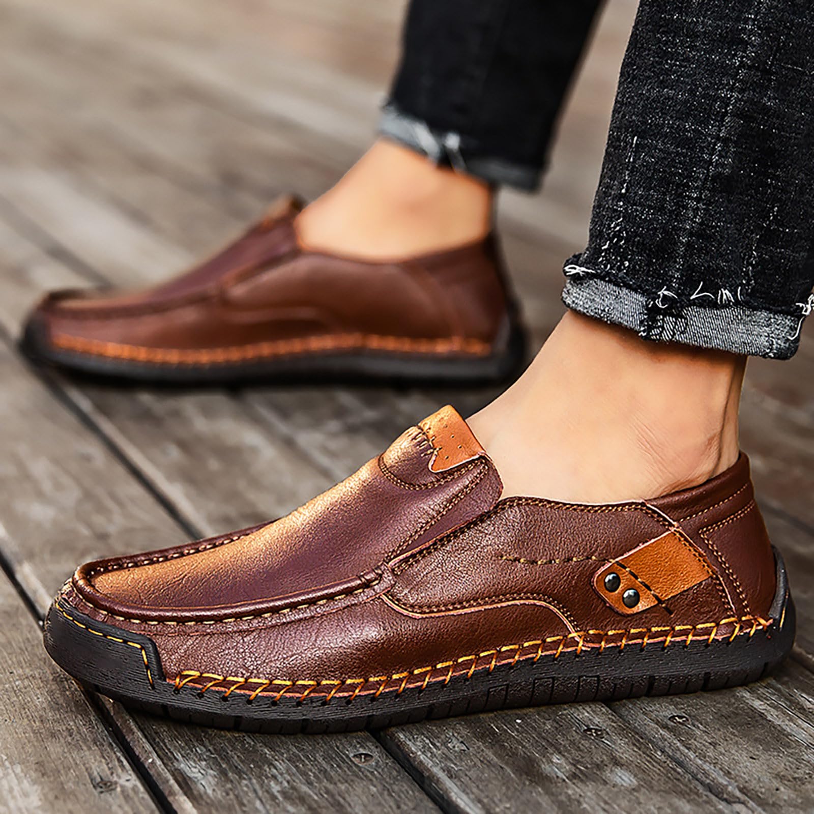 Mocasines de piel para hombre, cosidos a mano, zapatos de barco, zapatos de ocio, antideslizantes, para exteriores, resistentes al desgaste, zapatos de senderismo, suelo plano, transpirables, zapatos