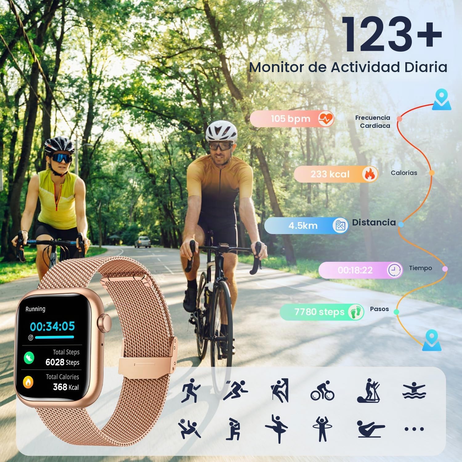 Reloj Inteligente Mujer Smartwatch con Llamada: 1.83'' Oro Digital Smart Watch con Bluetooth Whatsapp Pulsómetro/Monitor de Sueño 123 Mode Deportivos Pulsera Actividad 3 Correa para iPhone iOS Android