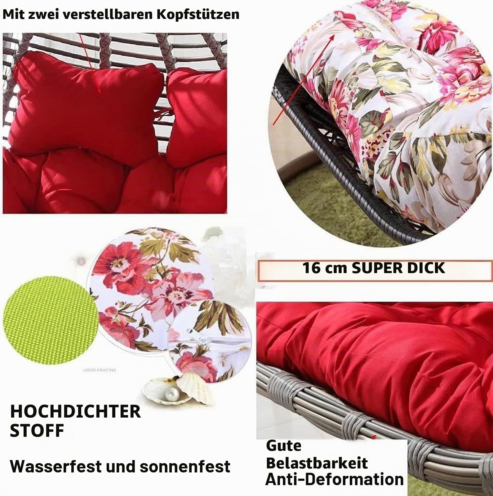 Sitzkissen für 2-Personen-Hängemattenschaukelstühle, Ersatzkissen für Doppelsitzer-Eierstuhl, wasserdichte 2-Sitzer-Kissen für Hängekorbstühle, Nur Kissen(F,150 * 110cm/59 * 43in)
