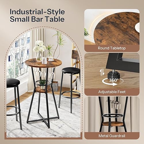 Miniatura 8 de HOOBRO Mesa redonda de bar, mesa de bar de 2 niveles con soporte para copas de vino, mesa de cóctel industrial, para espacios pequeños, taberna,