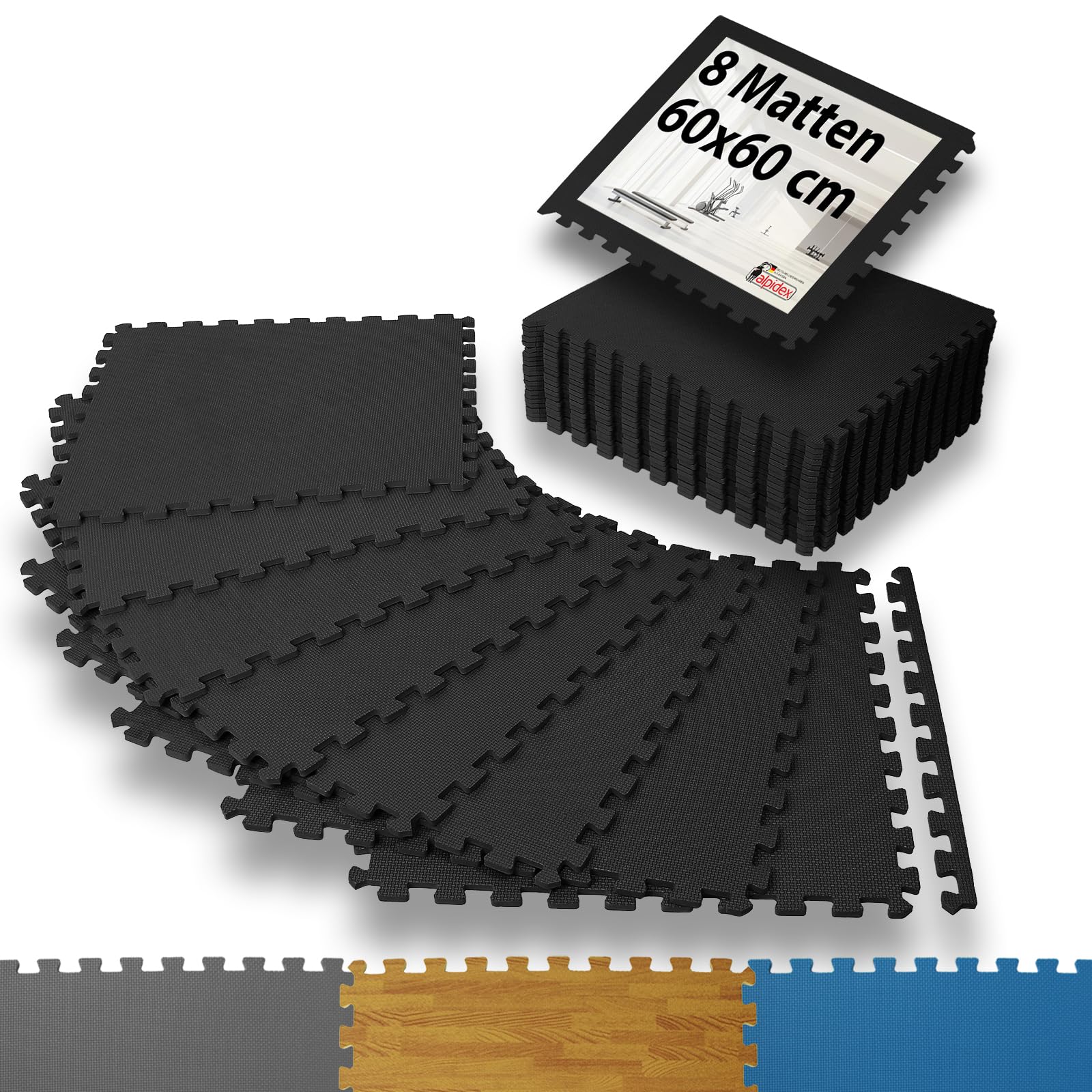 ALPIDEX 8er Set Bodenschutz Sportgeräte Matte 1cm Dicke 60x60 cm Trainingsmatten 2,88 m² Unterlegmatte Pool Fitness Turnmatte Fitnessraum Gymnastikmatte Fitnessmatte Bodenmatte Gummimatte, black