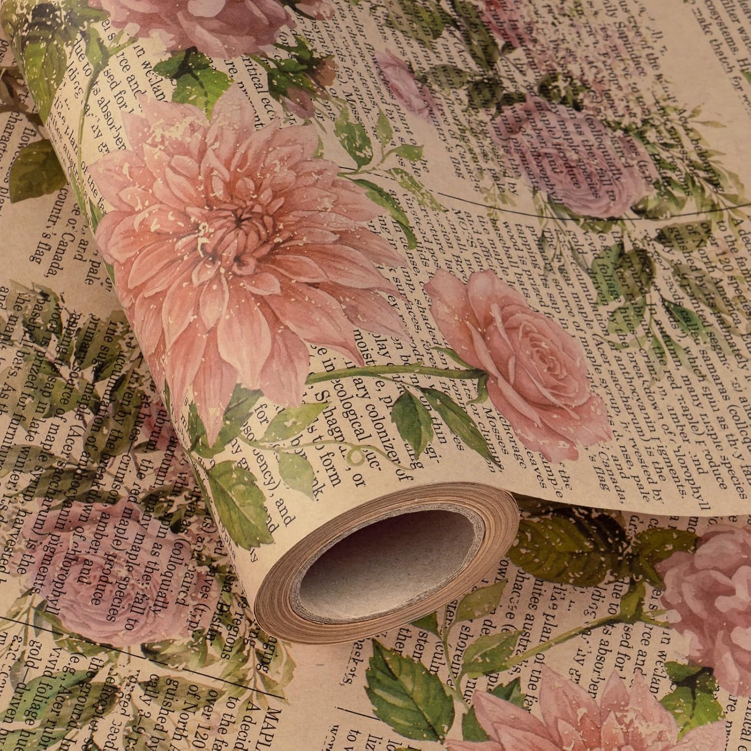 RUSPEPA Kraft Vintage Floral Wrapping Paper - Mini Roll - 43.2cm x 5m - Retro Rose Flower Letter Print Newspaper Kraft Wrapping Paper for Birthday, Wedding, Bridal Shower, Anniversary