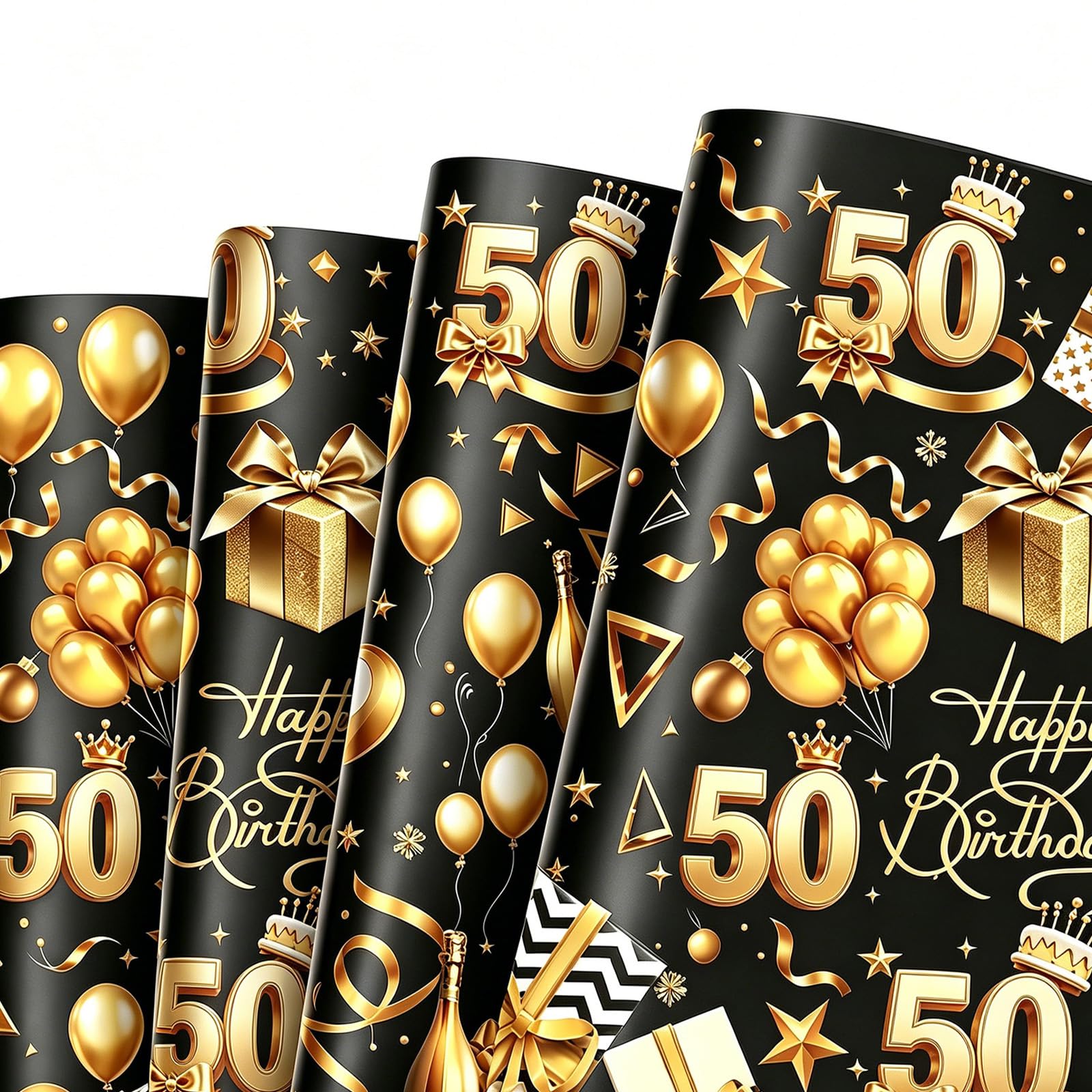 5 Sheet 50th Birthday Wrapping Paper, 70x50cm Black Gold Gift Wrap with 1 Roll 5M Ribbon for Gift Pack, Eco Gift Wrapping Paper Sheet for Man Women Girls Boys Birthday Present Decoration