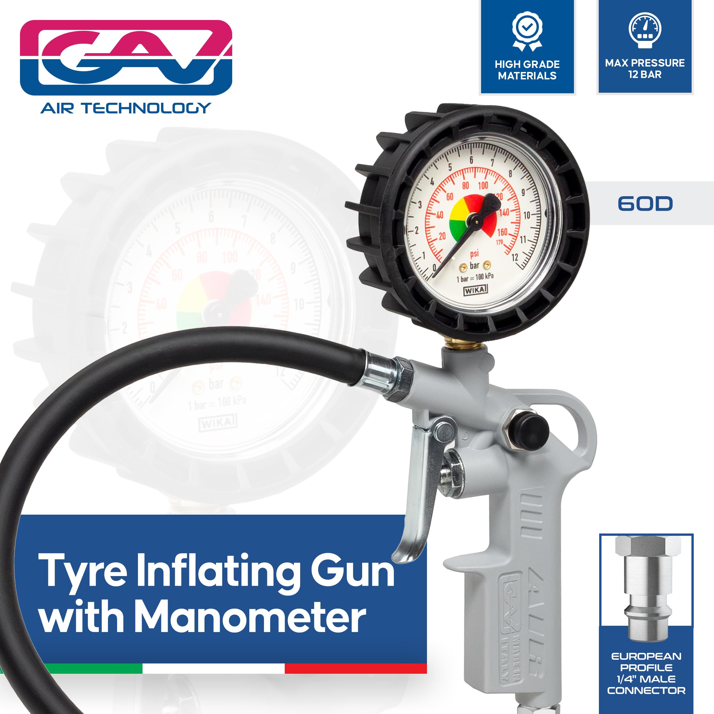 GAV Pistola Gonfiaggio Pneumatici Professionale Made in Italy con Manometro Pressione WIKA da 63mm per Pressione Gomme di Auto Moto Camion e Biciclette (63mm Standard BAR PSi)