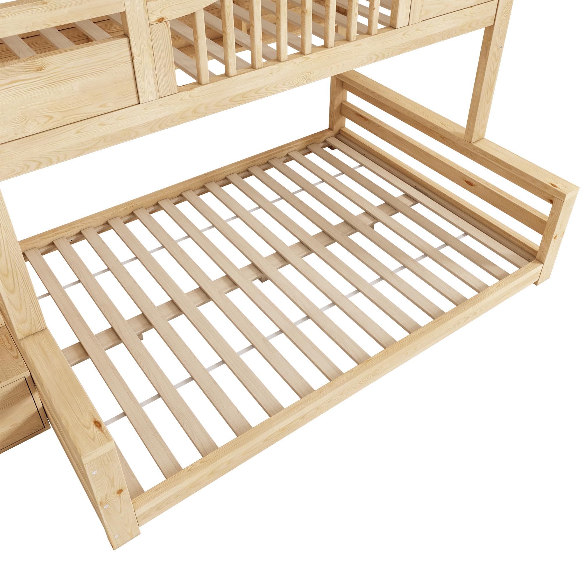 Lit Superposé en Bois pour Enfants 90x200 Et 140x200 Cm avec Rangements Hydrauliques, Escalier-BibliothèQue BarrièRes De SéCurité Et Port USB-C, Lit Familial DéCalé (Naturel, 254x145x206cm)