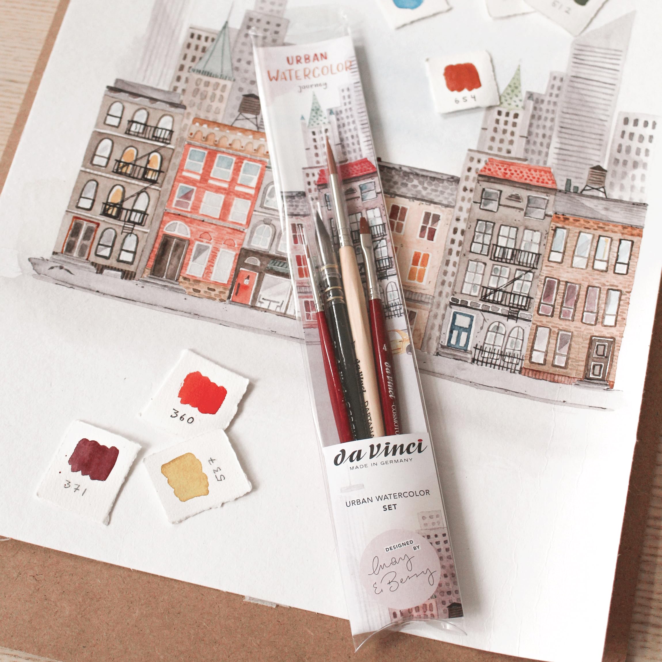 da Vinci, SIGNATURE URBAN WATERCOLOR JOURNEY, Set, May & Berry, Pennelli per acquerello di alta qualità, Per carta, pittura su seta e sfumature, Made in Germany, Misura 7, 2, 0 e 4