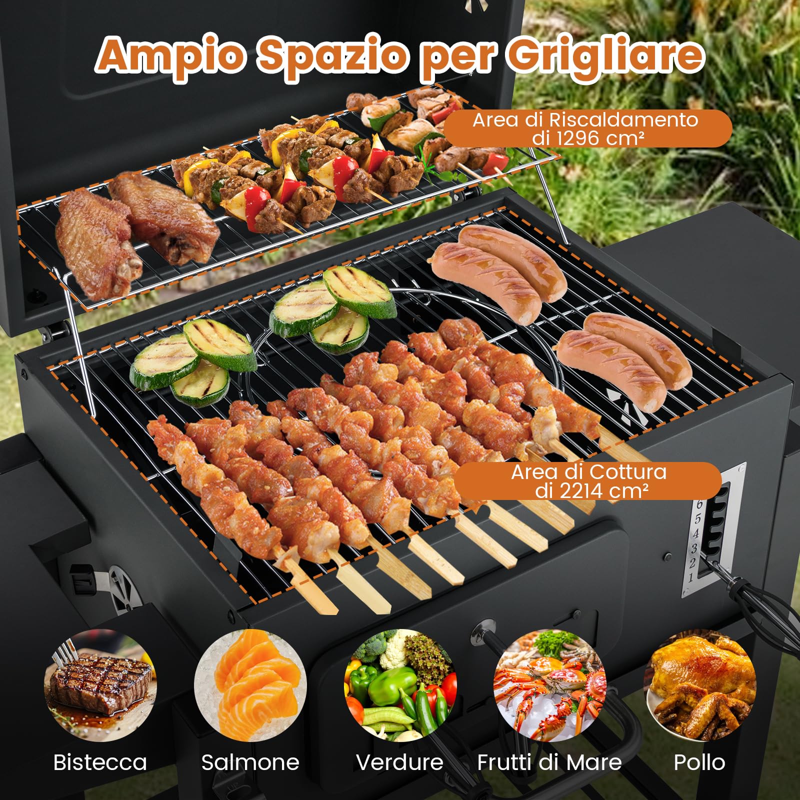 COSTWAY Barbecue a Carbone da Esterno con Ruote, Barbecue a Carbone Portatile con 2 Tavolini Pieghevoli, Vassoio del Carbone Regolabile a 6 Livelli e Ripiano di Stoccaggio, per Campeggio, Picnic