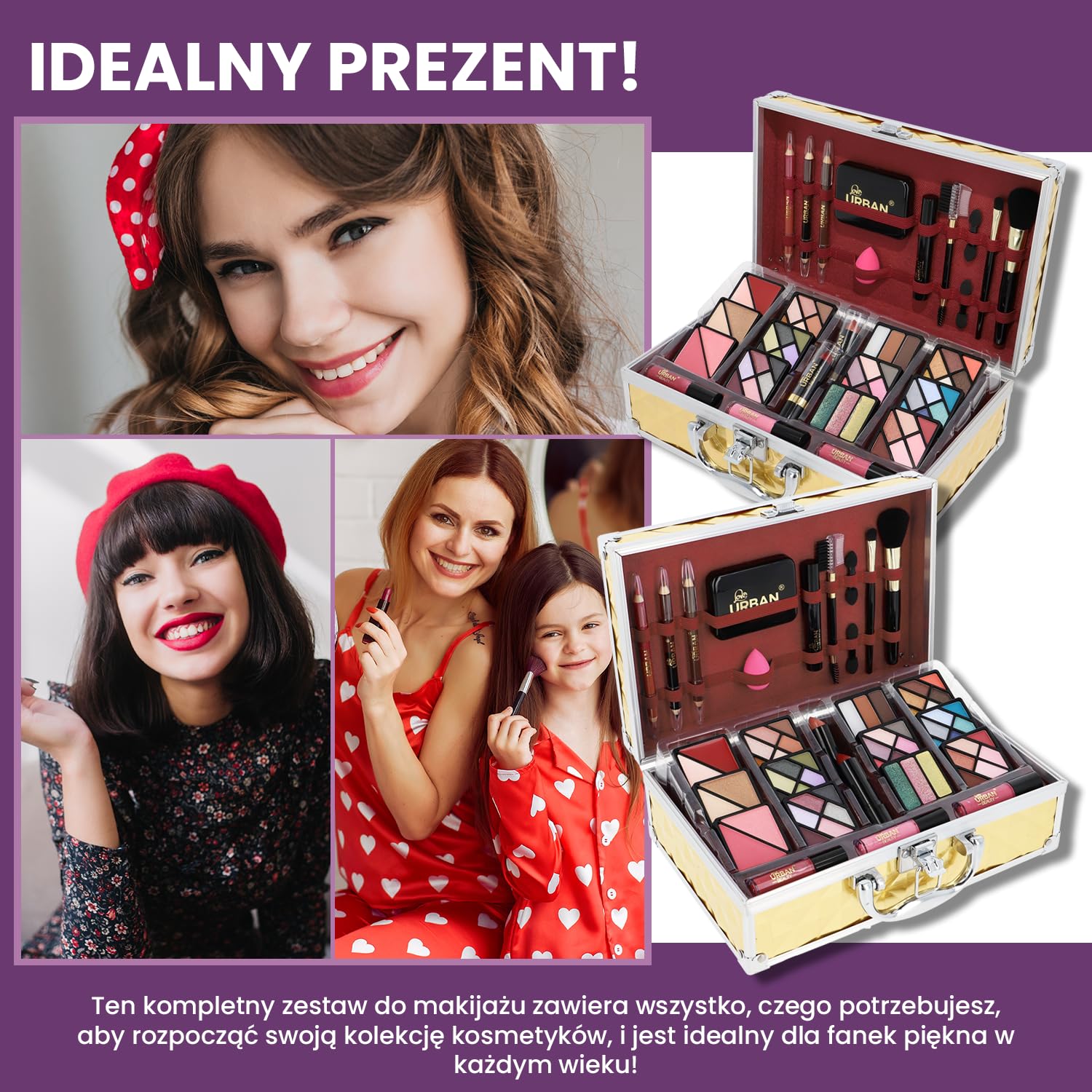 Wegański Makijaż Pudełko na Kosmetyki Love Urban Beauty Luxe Gold Touch Zestaw Upominkowy Podróżny 73 szt