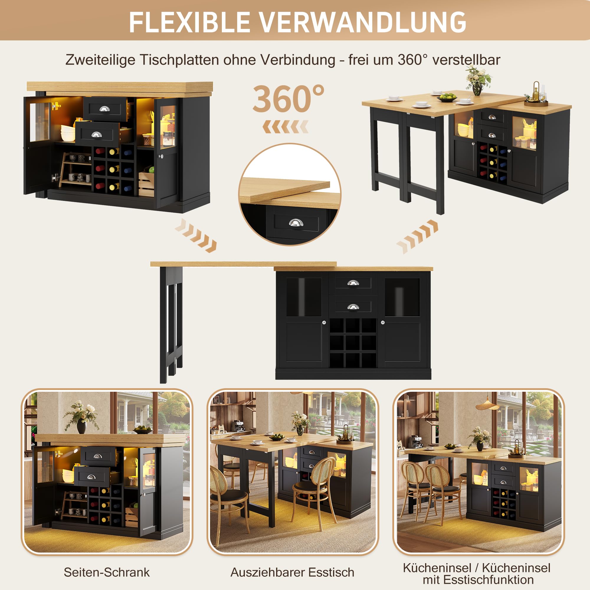 Merax Mesa de bar extensible con espacio de almacenamiento, mesa alta giratoria de 360°, isla de cocina independiente, diseño plegable, con iluminación LED de 3 colores, vinoteca y cajones, negro/120