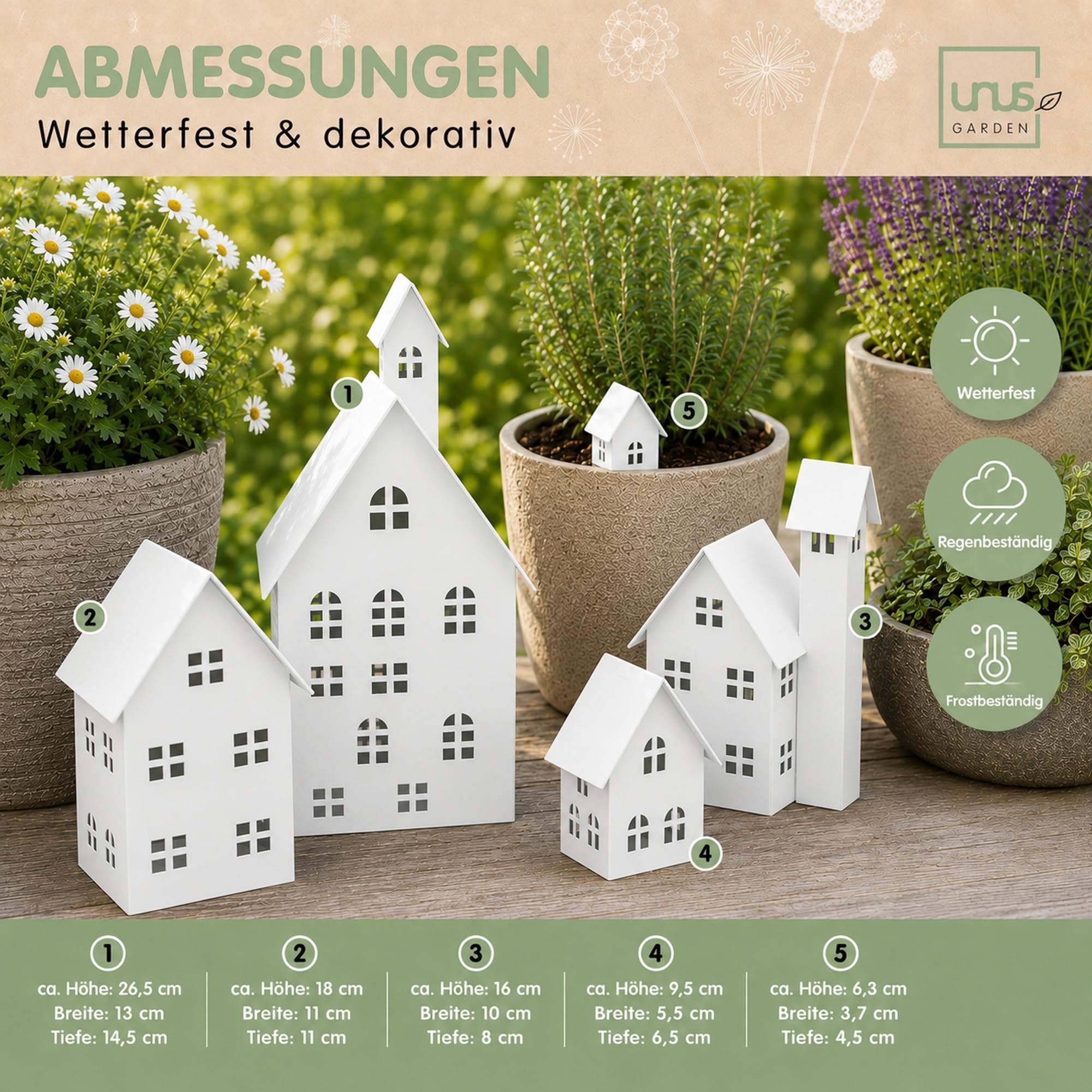 UNUS Set di 5 case decorative, case luminose in metallo per giardino, terrazza, balcone o casa (bianco)