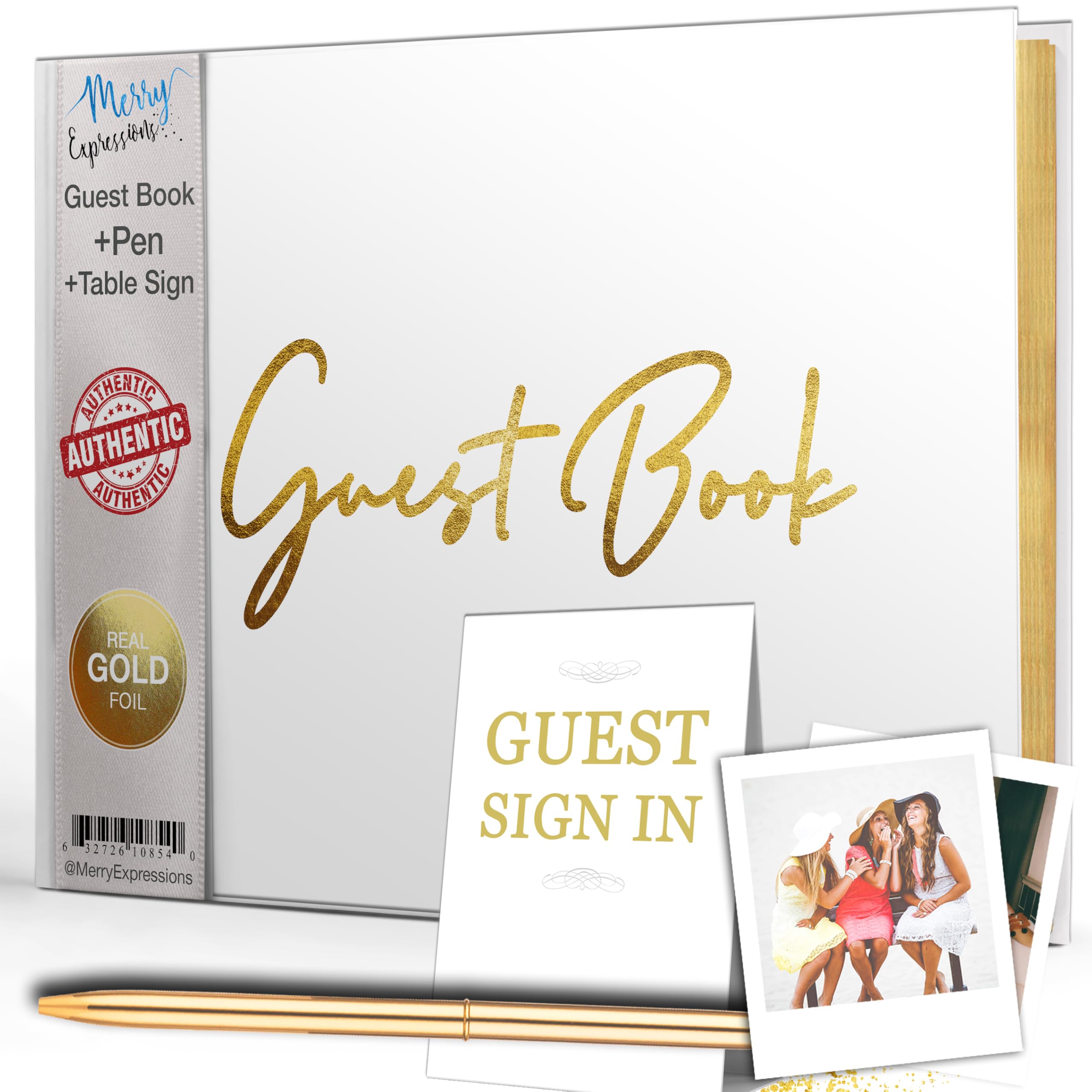 White & Gold Wedding Guest Book w/ Pen & Table Sign - Guestbook Sign in for Reception, Birthday Parties, Bridal or Baby Shower - Gilded Pages, Size 7