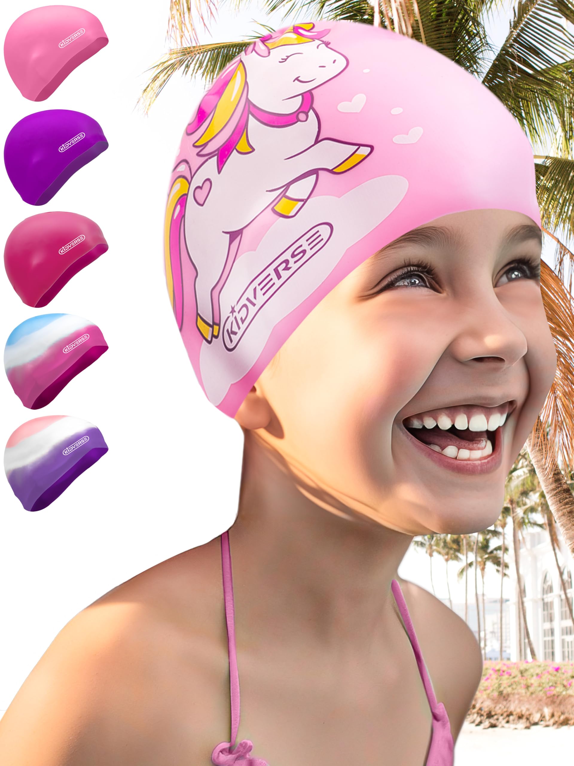 KIDVERSE Badekappe Mädchen - Wasserdichte Badekappe mit Anti-Rutsch-Noppen - Schwimmhaube mit UV-Schutz - 100% Reißfest