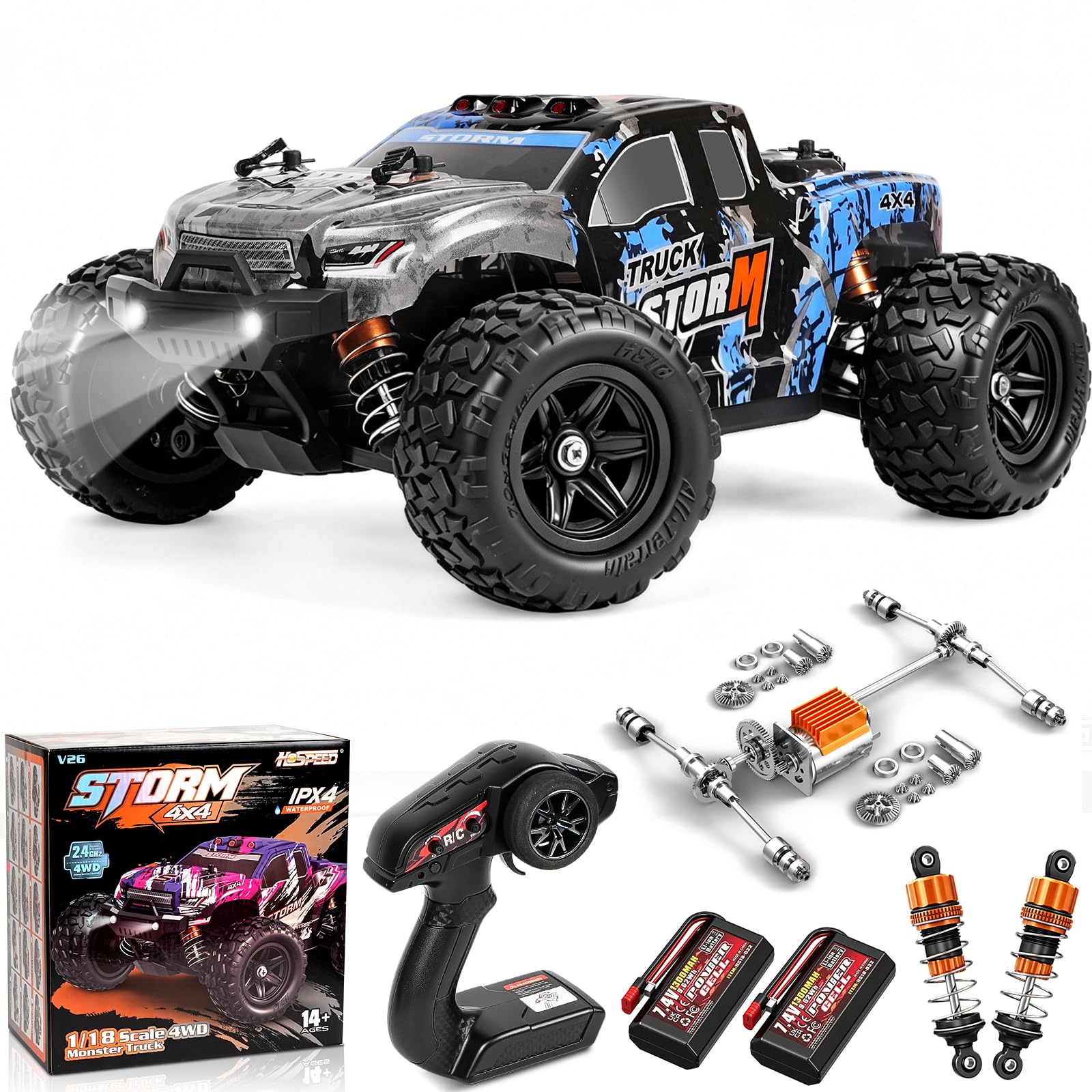 BAZADER Coche Teledirigido Adulto - 1:18 4WD Coche Radiocontrol 40km/H 2.4Ghz con 2 Batería 1200mAh Sistema de Transmisión Metálico Off-Road Truck- Remote Control Car con Baterías Recargables