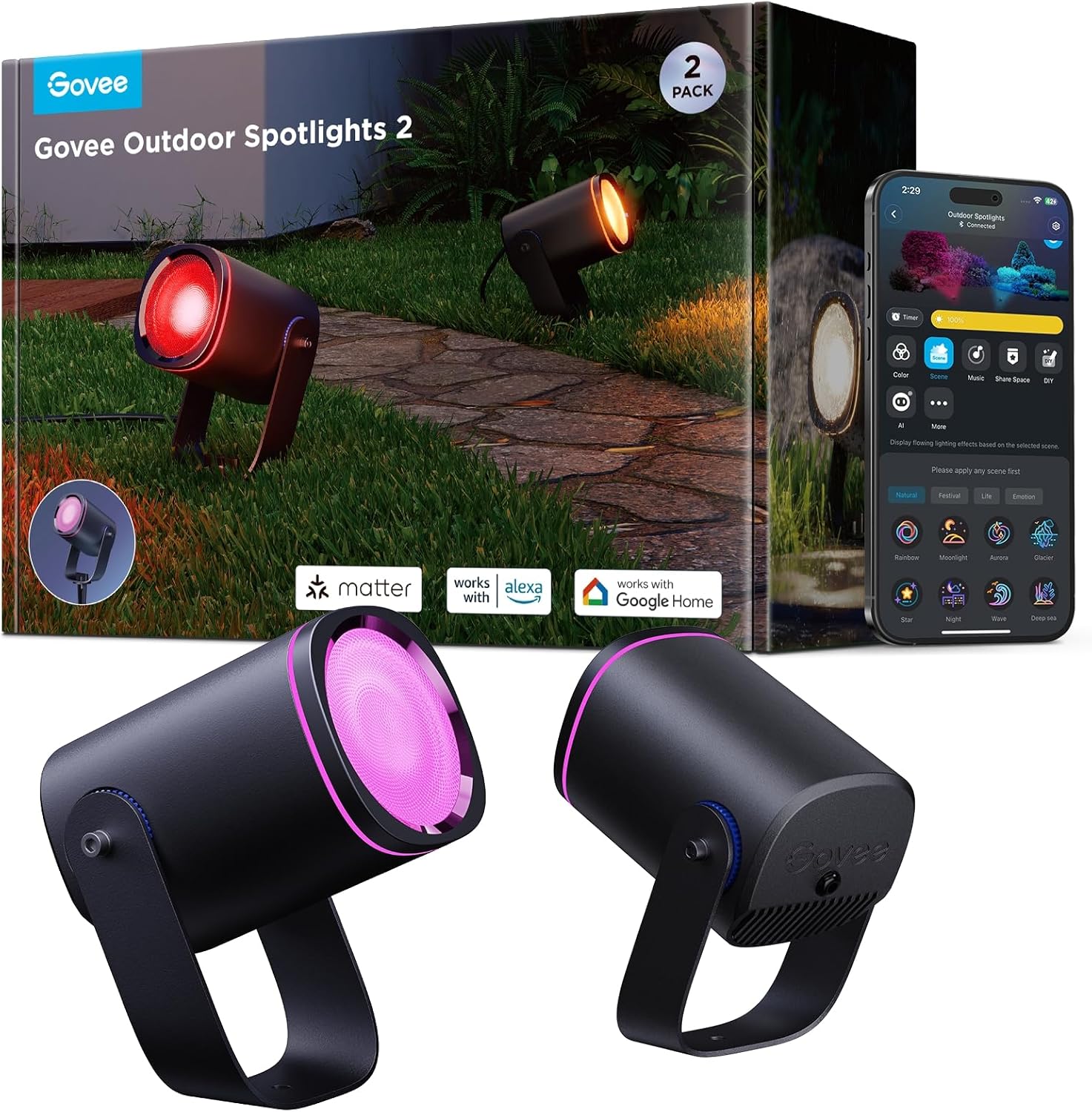 Govee Outdoor Spotlight, Waterproof Garden Lights, RGBWIC LED Outdoor Lights, Dimmable 700lm with 69 Scene Modes and 16 Million Colors for Patio, Works with Alexa, Google Assistant, and Matter. 2 Pack Govee Outdoor Spotlight, Waterproof Garden Lights, RGBWIC LED Outdoor Lights, Dimmable 700lm with 69 Scene Modes and 16 Million Colors for Patio, Works with Alexa, Google Assistant, and Matter. 2 Pack