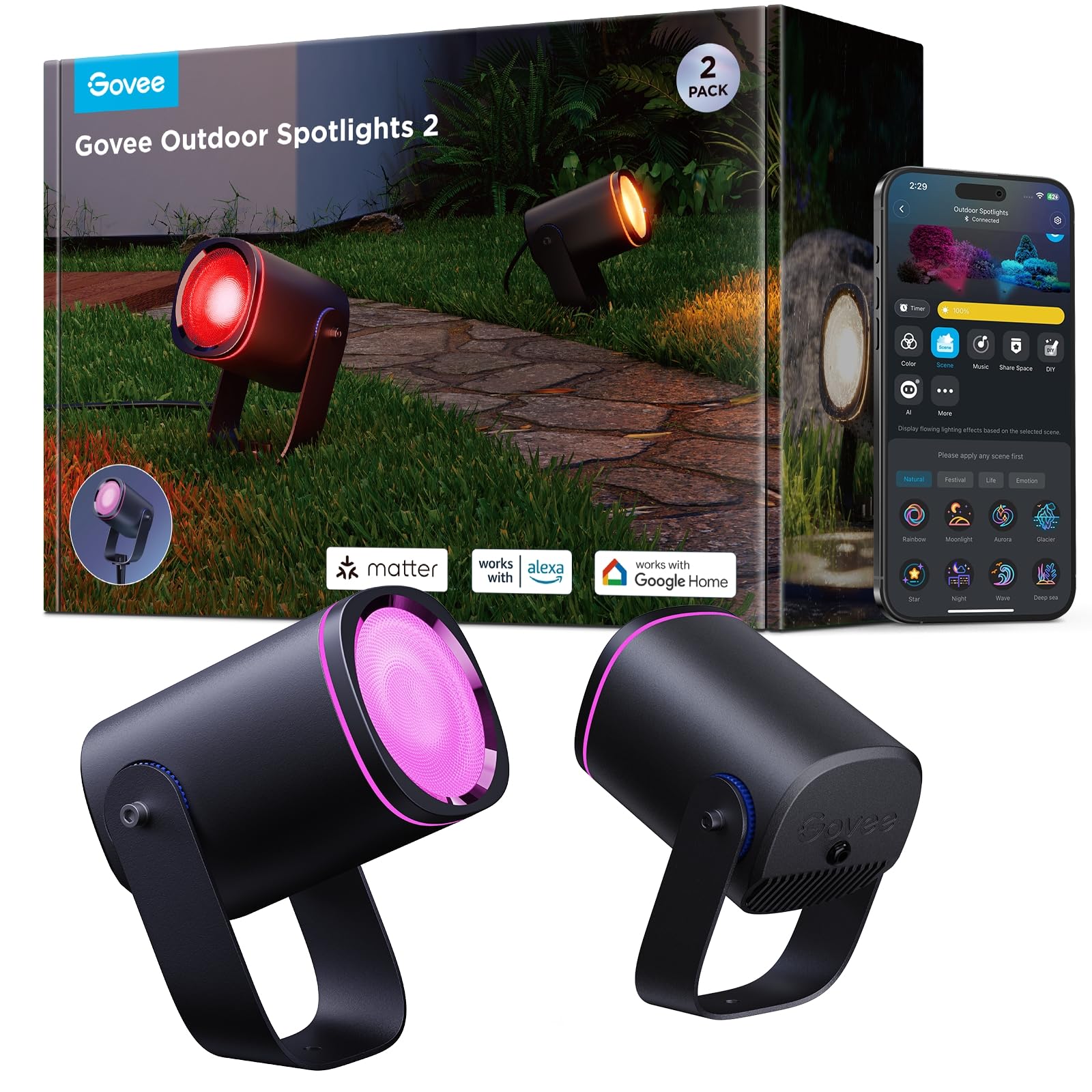 Govee Outdoor LED Strahler, IP67 Wasserdichte Gartenbeleuchtung, RGBWIC Led Strahler Außen, Dimmbar 700lm von 69 Szenenmodi und 16Mio. Farben, Funktioniert mit Alexa, Google Assistant, Matter. 2 Pack