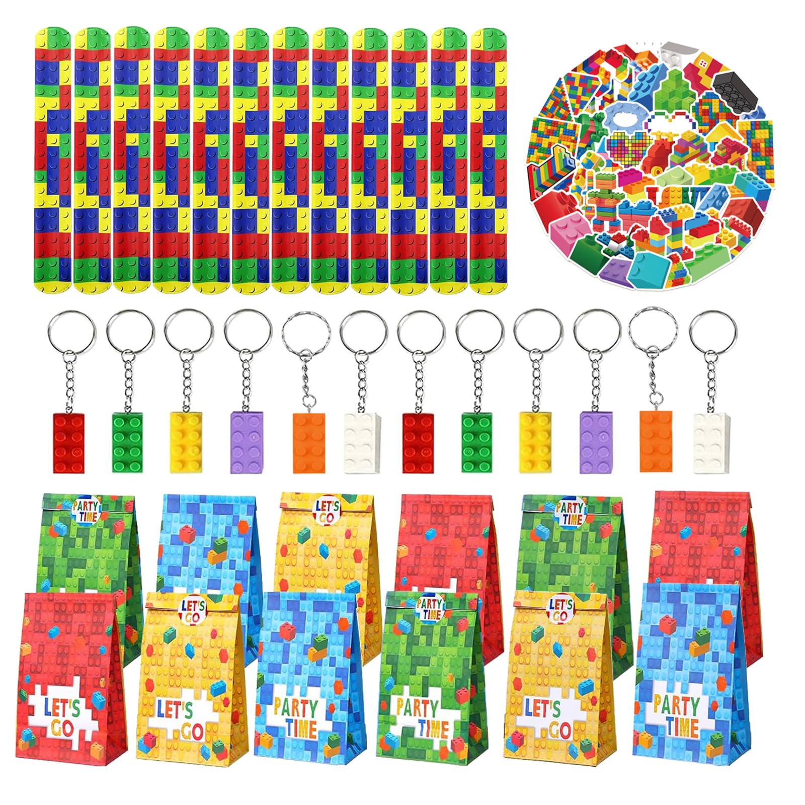 Eymobad Confezione da 86 Sacchetti per Festa con Mattoncini, Sacchetto per Festa di Compleanno per Bambini, Portachiavi con Mattoncini, Braccialetto a Scatto, Adesivi, Sacchetti per Festa per