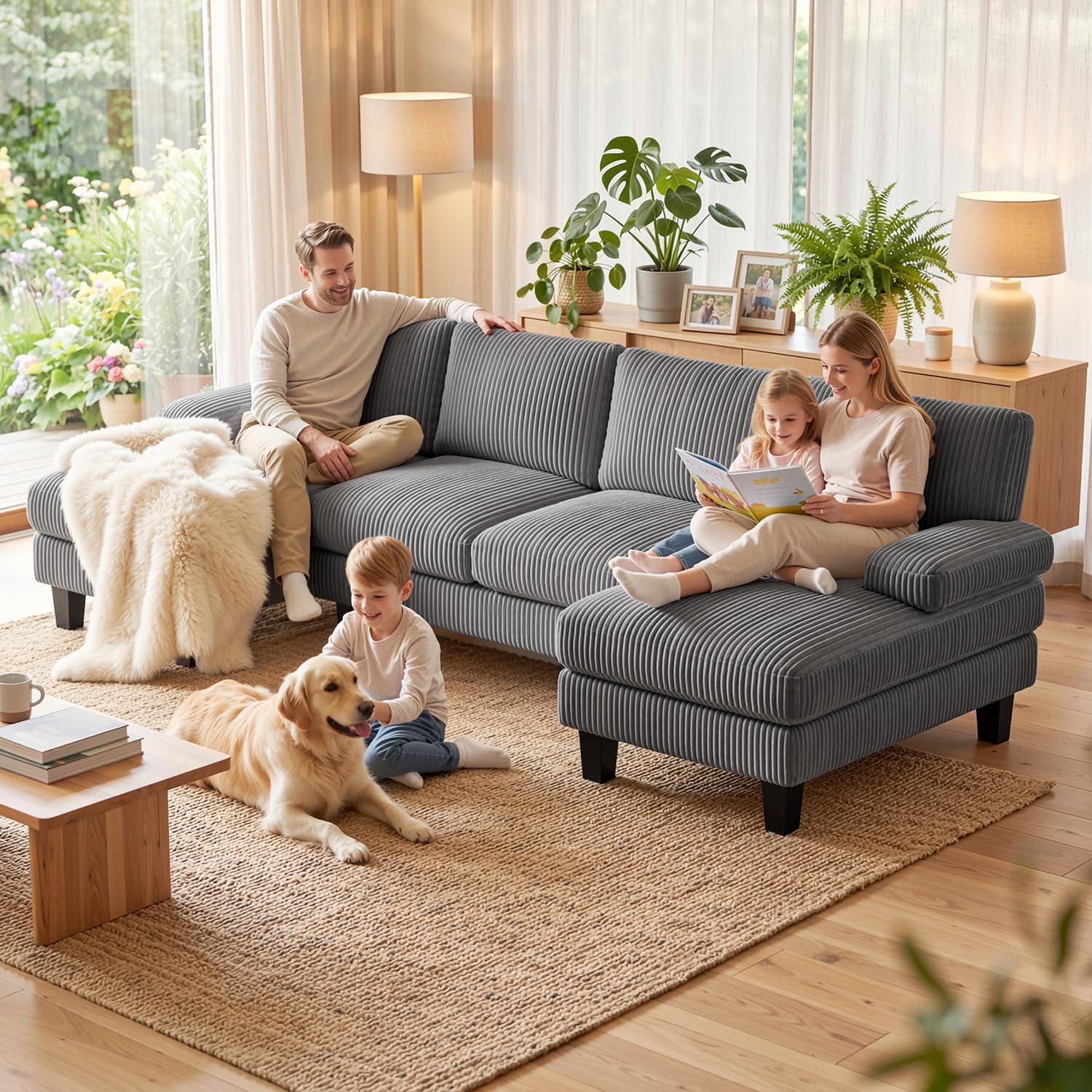 Xbro Sofa 4-osobowa w kształcie U, duża sofa rogowa do salonu, z materiałem sztruksowym, ciemnoszary, wymiary 270 x 122 x 86 cm