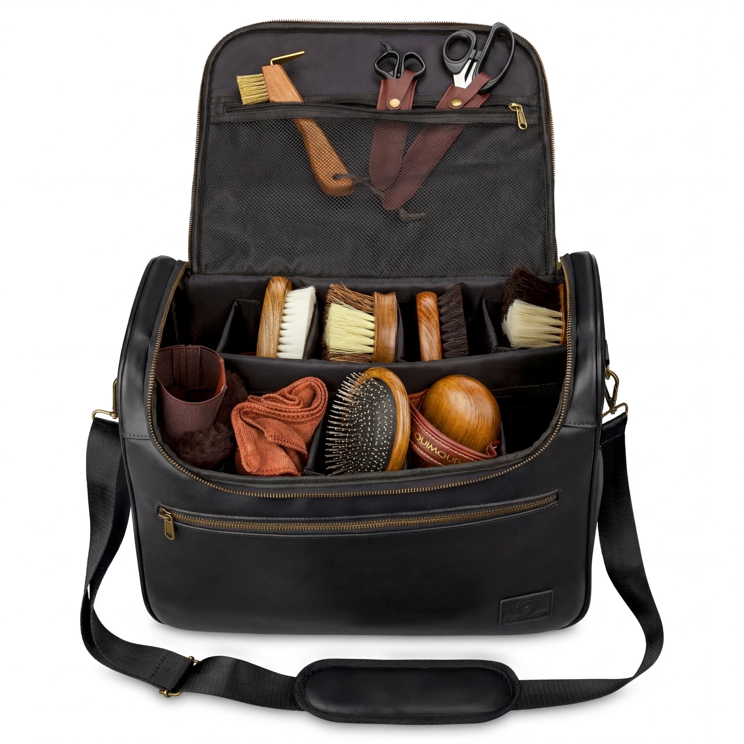 Pferdepflege Komplett-Set – 12-teiliges Reinigungsset für Pferde inkl. Kardätsche, Mähnenbürste, Hufkratzer, Striegel, Mähnenkamm & Tasche – Hochwertiges Putzset für Stall & Turnier (Schwarz, Gold)
