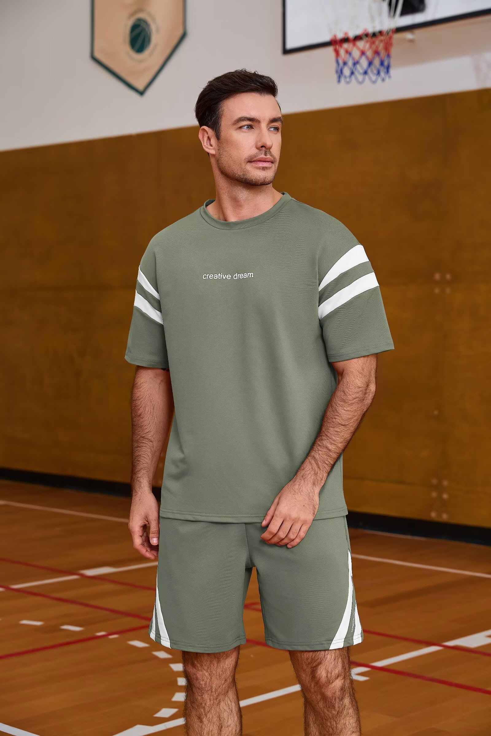 Remxi Herren Trainingsanzug Set Sommer Shorts 2 teiliges Set für Männer Gestreiftes T-Shirt Kurze Hose Jogginganzug Sportanzug Tracksuit