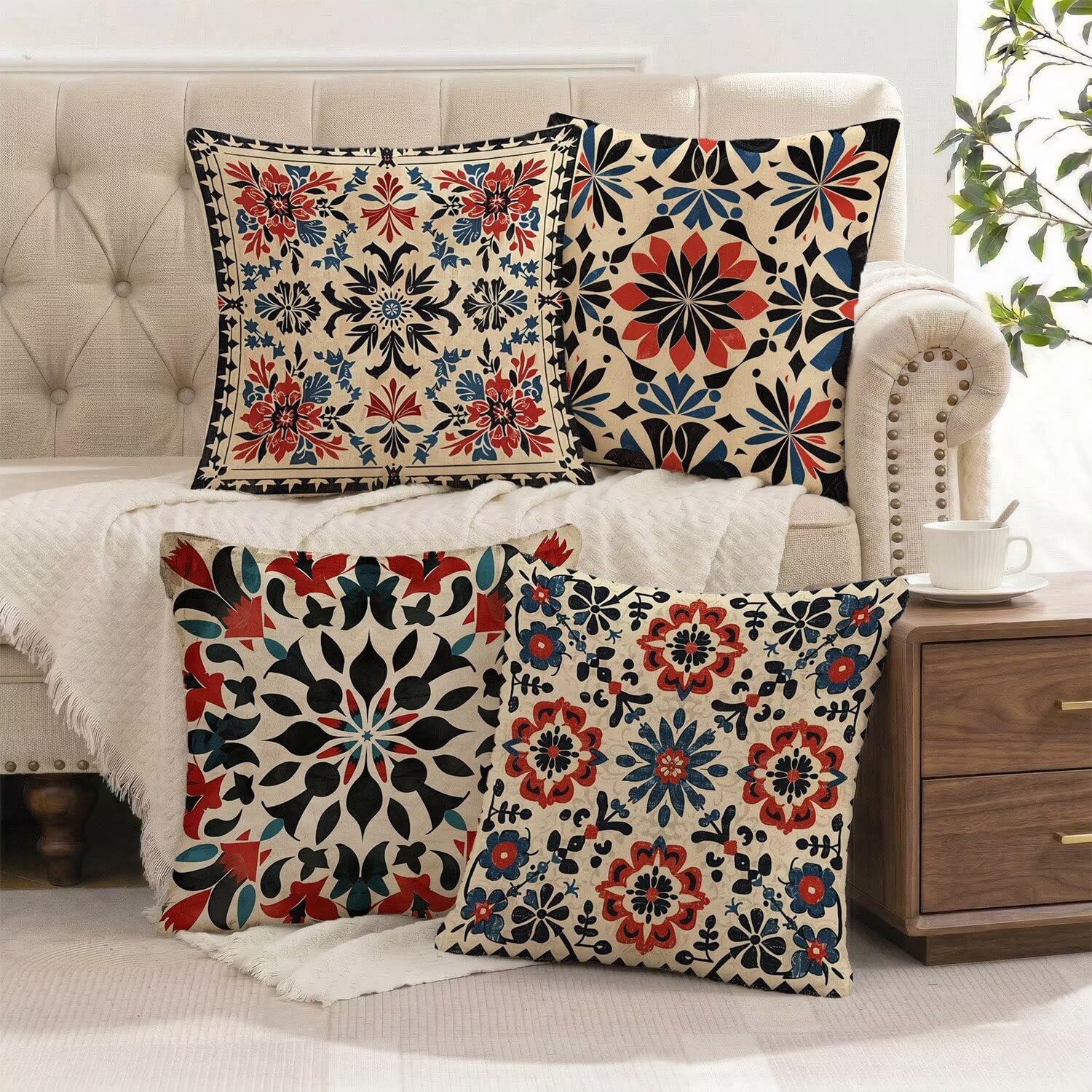Poduszka outdoorowa, wodoszczelna, zestaw 4 poszewek na poduszkę w stylu boho, 55 x 55 cm, krótkie, pluszowe, kwadratowe, na kanapę, na sofę, taras, meble ogrodowe, balkon, do salonu, dekoracja retro