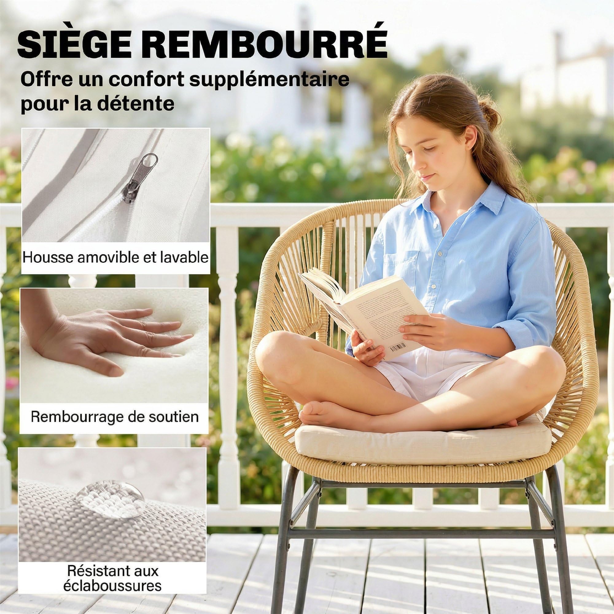 Outsunny Ensemble Bistro 3 Pièces Résine Tressée Salon Balcon 2 Fauteuils Table Verre Trempé Beige