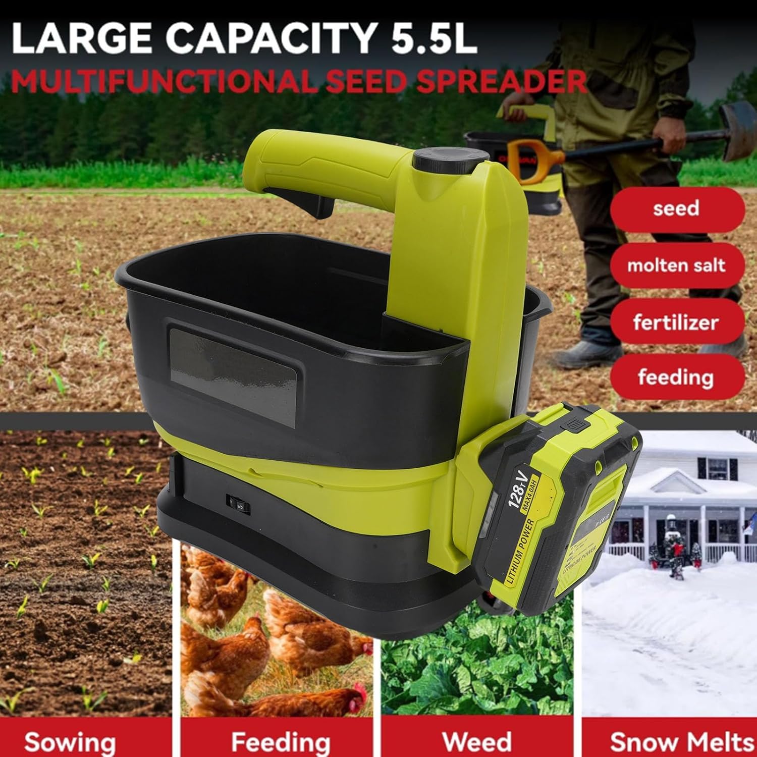 Cordless Grass Seed Spreader, Battery Powered Rock Salt Spreaders, Handheld Electric Fertilizer Broadcast Spreader for Available Year Round Lawn Garden Ice Melt