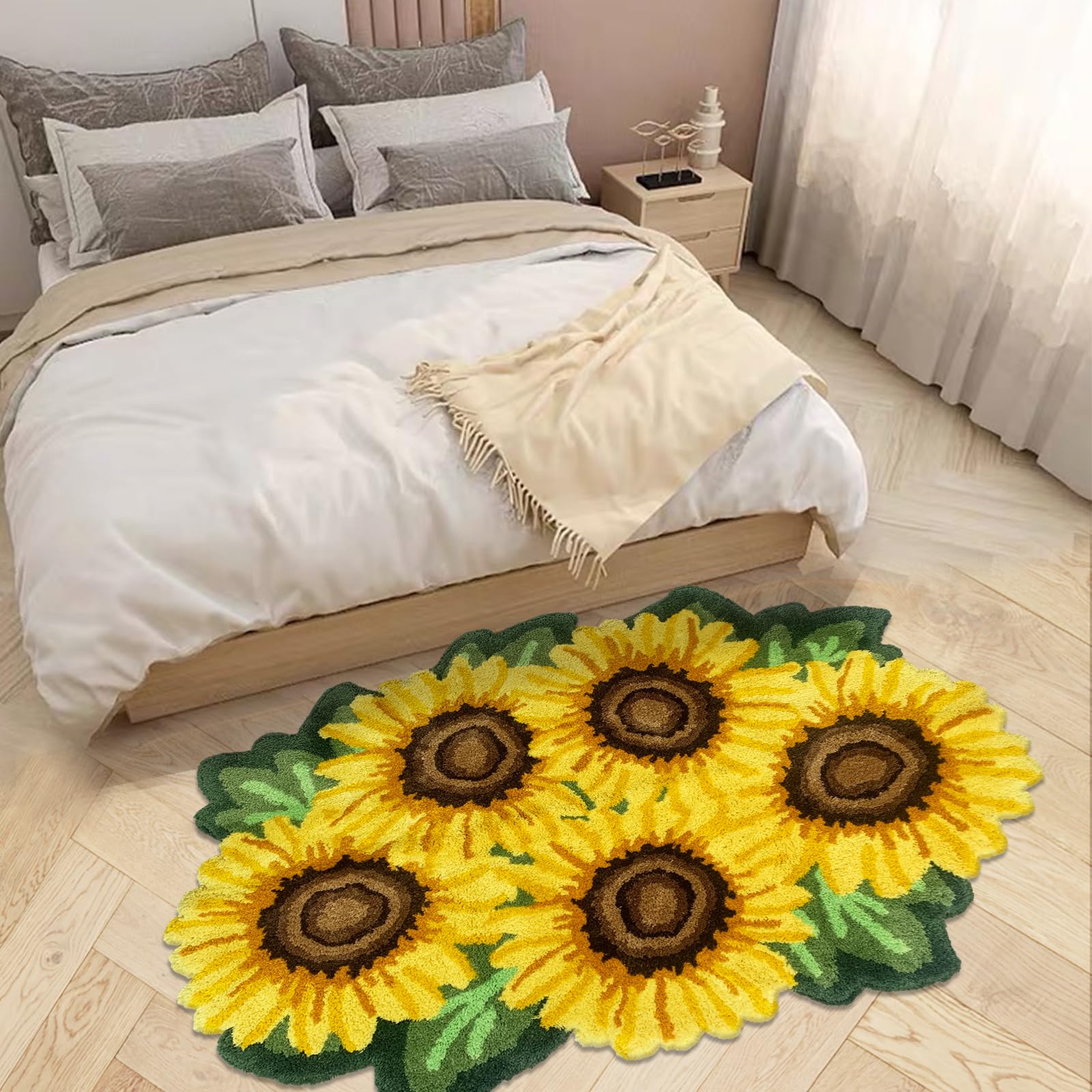 USTIDE Ultra Soft Sunflower Rug, Fluffy Large Flower Runner for Bedroom Living Room Bedside Handmade Rug Washable Floral Bath Mat (33.5''X47.2'')