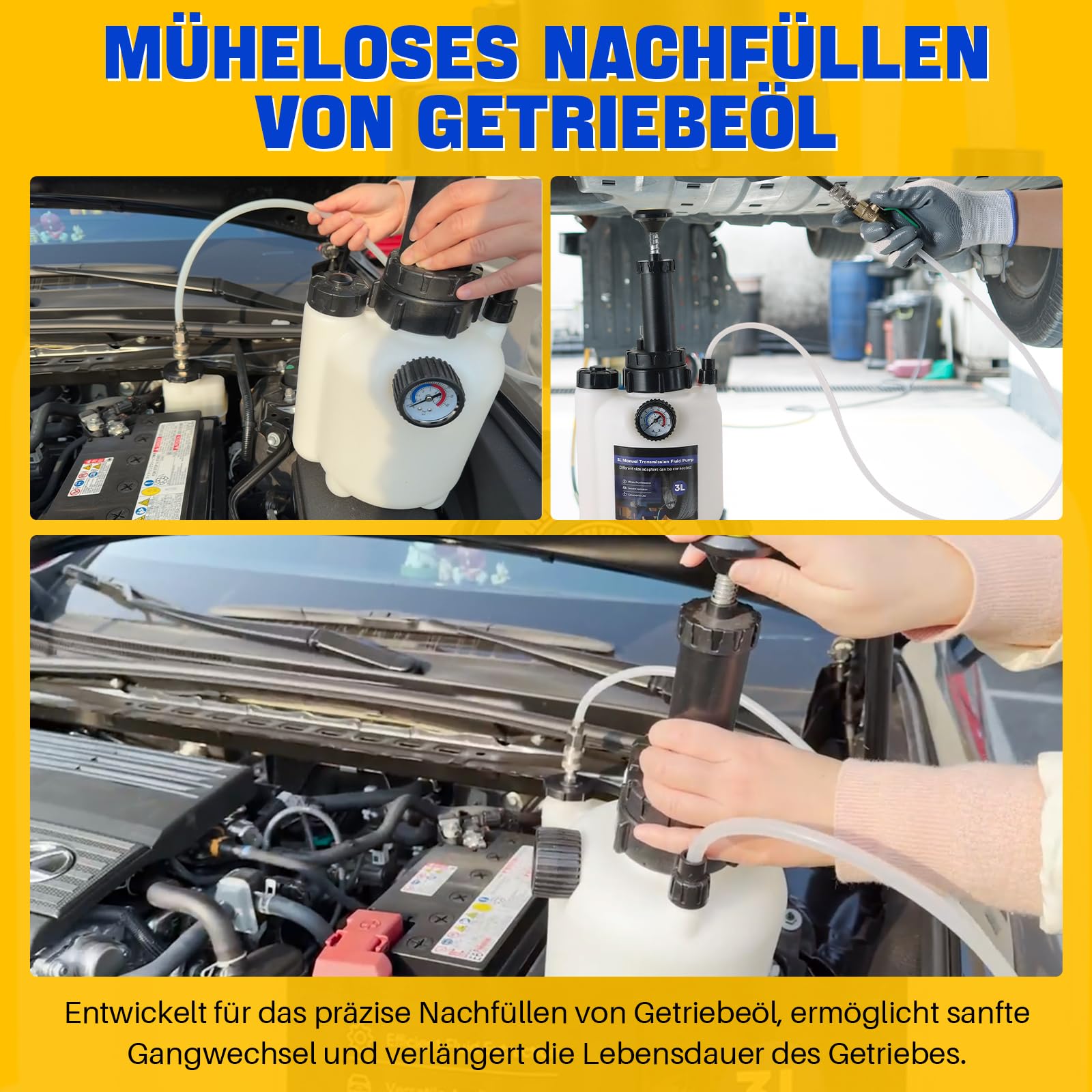 DASBET 3L Getriebeöl-Füllpumpe Set, manuelle Getriebeöl-Transferpumpe | mit Manometer und 12 ATF-Adaptern, Automatikgetriebe-Ölspender Werkzeug für Fahrzeugwartung