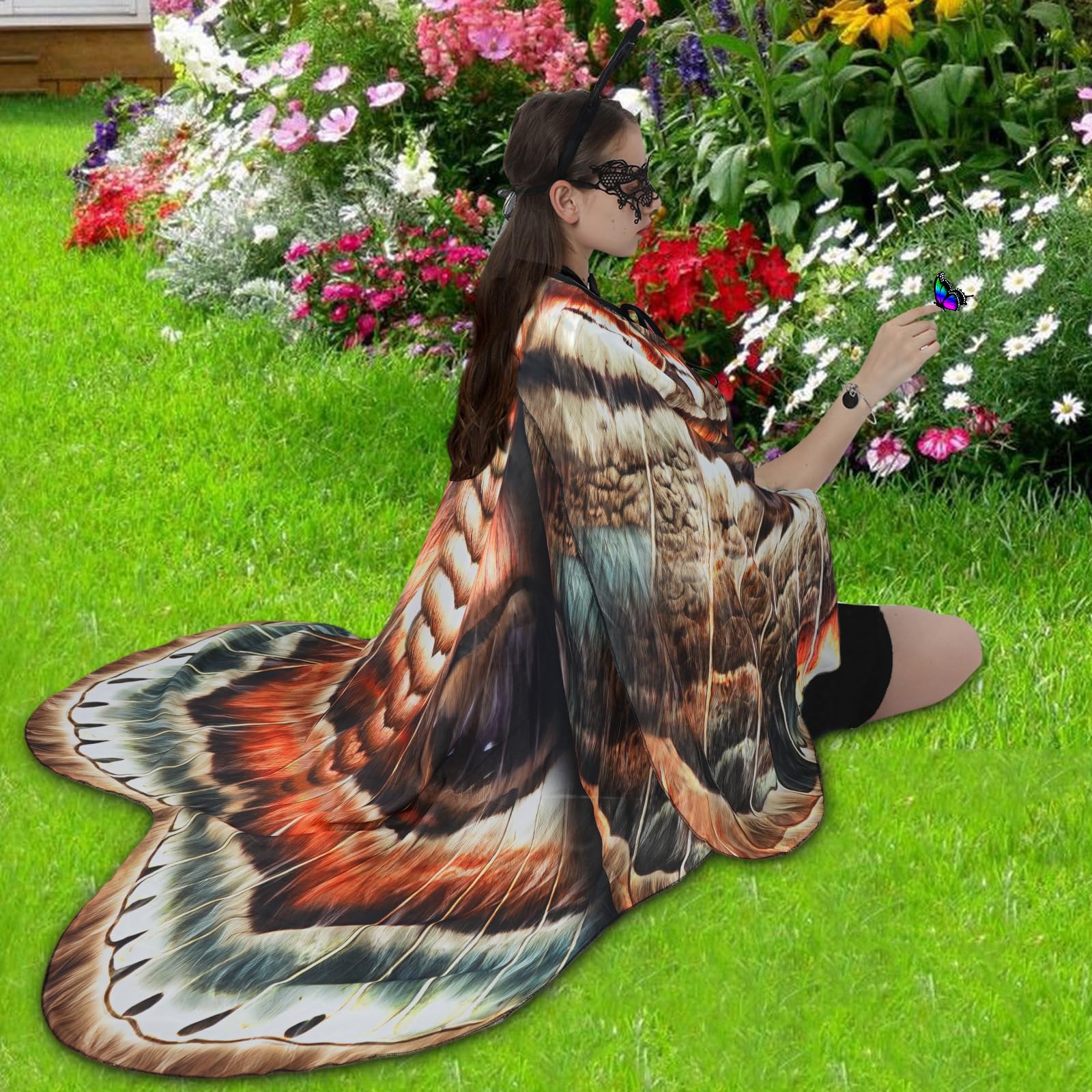Sunlisky Halloween Costumes for Women Adult Butterfly Costume Wings Cape with Moth Antenna Headband,Mask: Dynamic Double-layer Brown