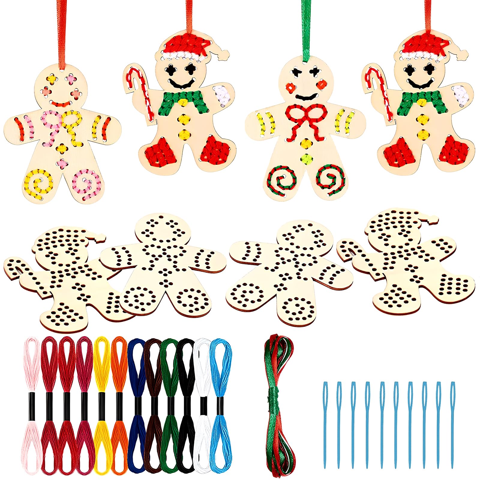 Volumoon 10-Piece Christmas Wooden Cross Stitch Kit, Tree Ornaments, Arts & Crafts, Gingerbreadman