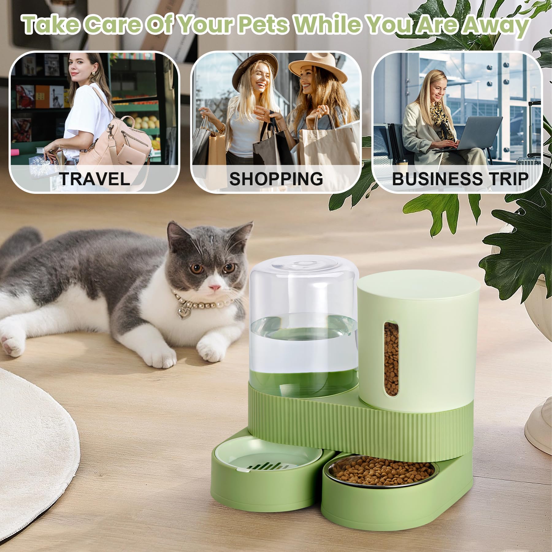 2 Pack Automatic Cat Feeder Stainless Steel Water Dispenser Gravity Food Feeder and Waterer Set with Pet Food Bowl for Small Medium Kitten Puppy Pets Large Capacity(Green) - image 7