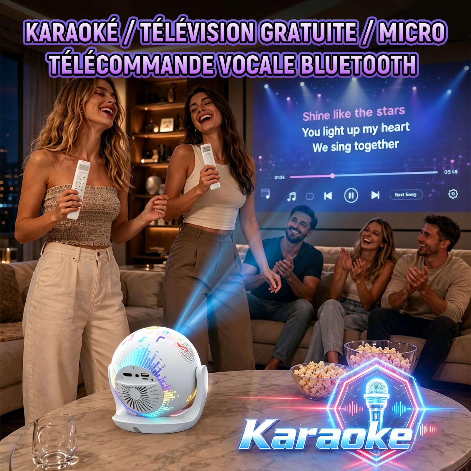 V6 4-en-1 Mini Projecteur Video,Karaoké/TV Gratuite/Télécommande avec Micro