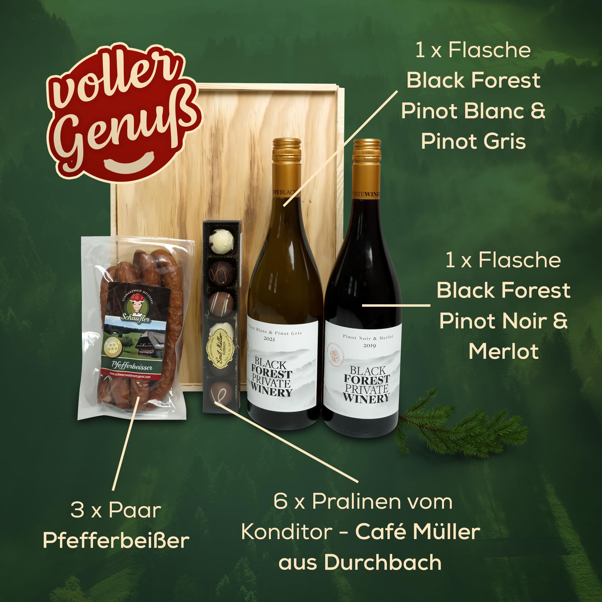 Schwarzwald Metzgerei Schaufler Badische Weinkiste - Rot- und Weißwein mit Pralinen und Knabberwurst-Pfefferbeisser 4-teilig