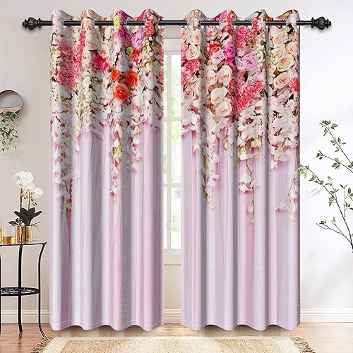 Renaiss Cortinas florales para ventana rústicas rosas peonías rosas rosas rojas bodas cortinas rosas con ojales juego de 2 paneles de 29 x 63