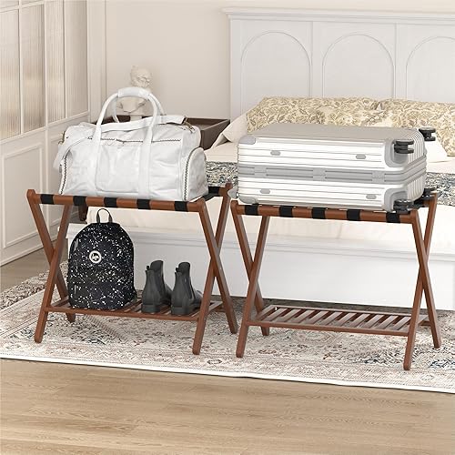 Miniatura 7 de Forevich Portaequipajes plegable de bambú con estante de almacenamiento para habitación de invitados, sala de estar, Hotel Essentials, soporte de