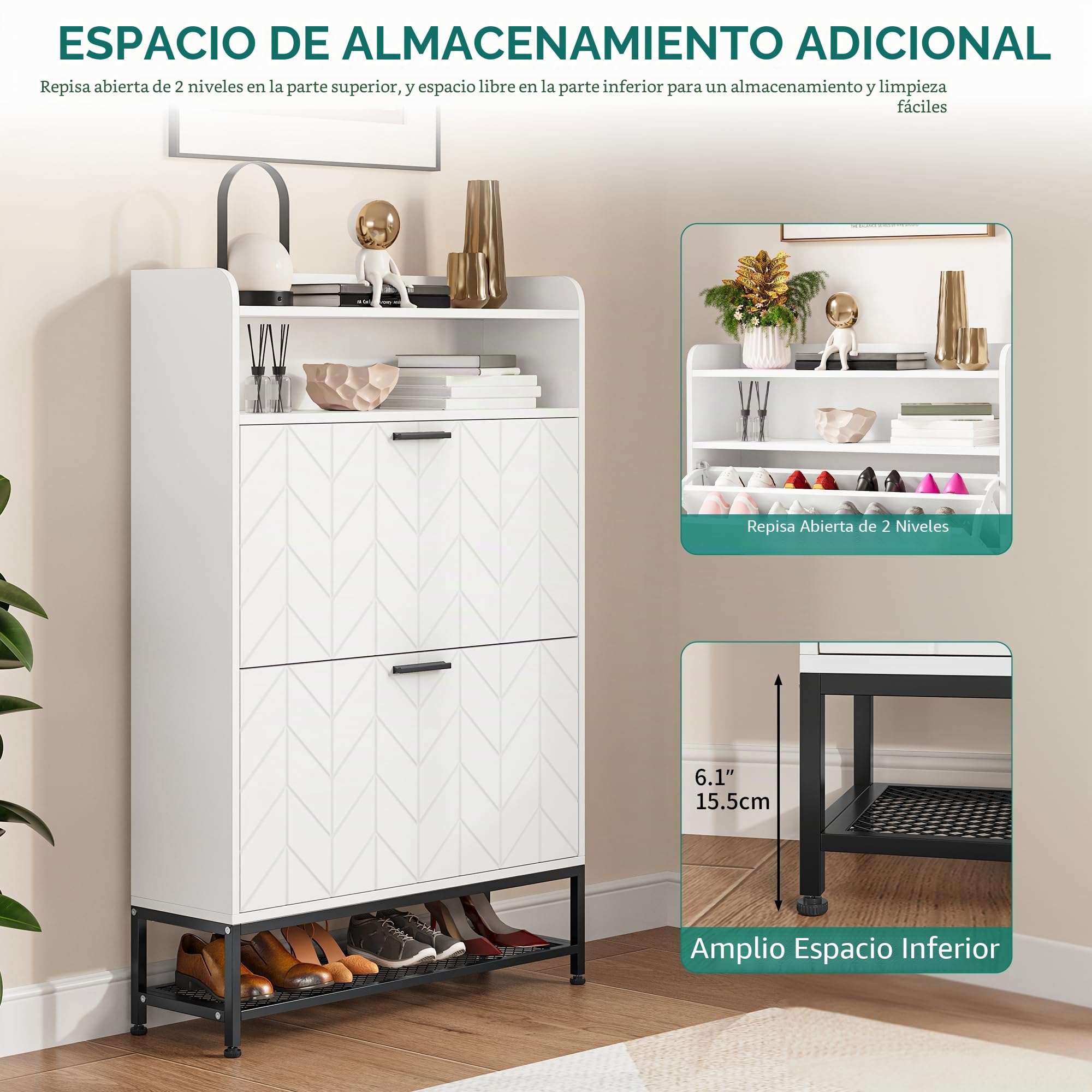 YITAHOME Armarios para Zapatos con 2 cajones abatibles, Gabinete de Zapatero Independiente con estantes Abiertos y Patas de Metal, Mueble Zapatero para Sala de Estar, Entrada y Pasillo