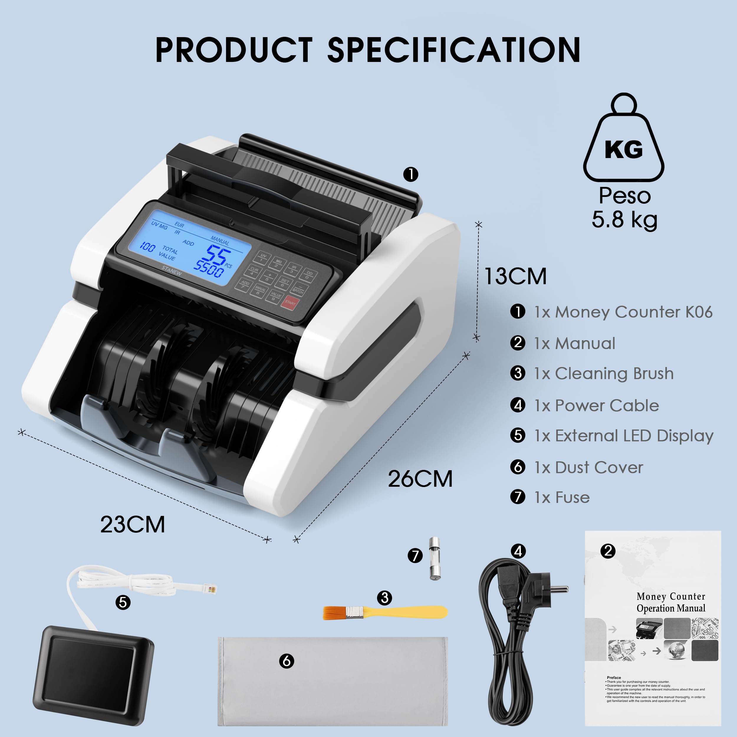 Contadora de Billetes STANEW, Multiple Counting Modes and Single Denomination Totalization Function, UV/MG/IR Detección, Velocidad >1000 PCS/Min, EUR/USD/GBP