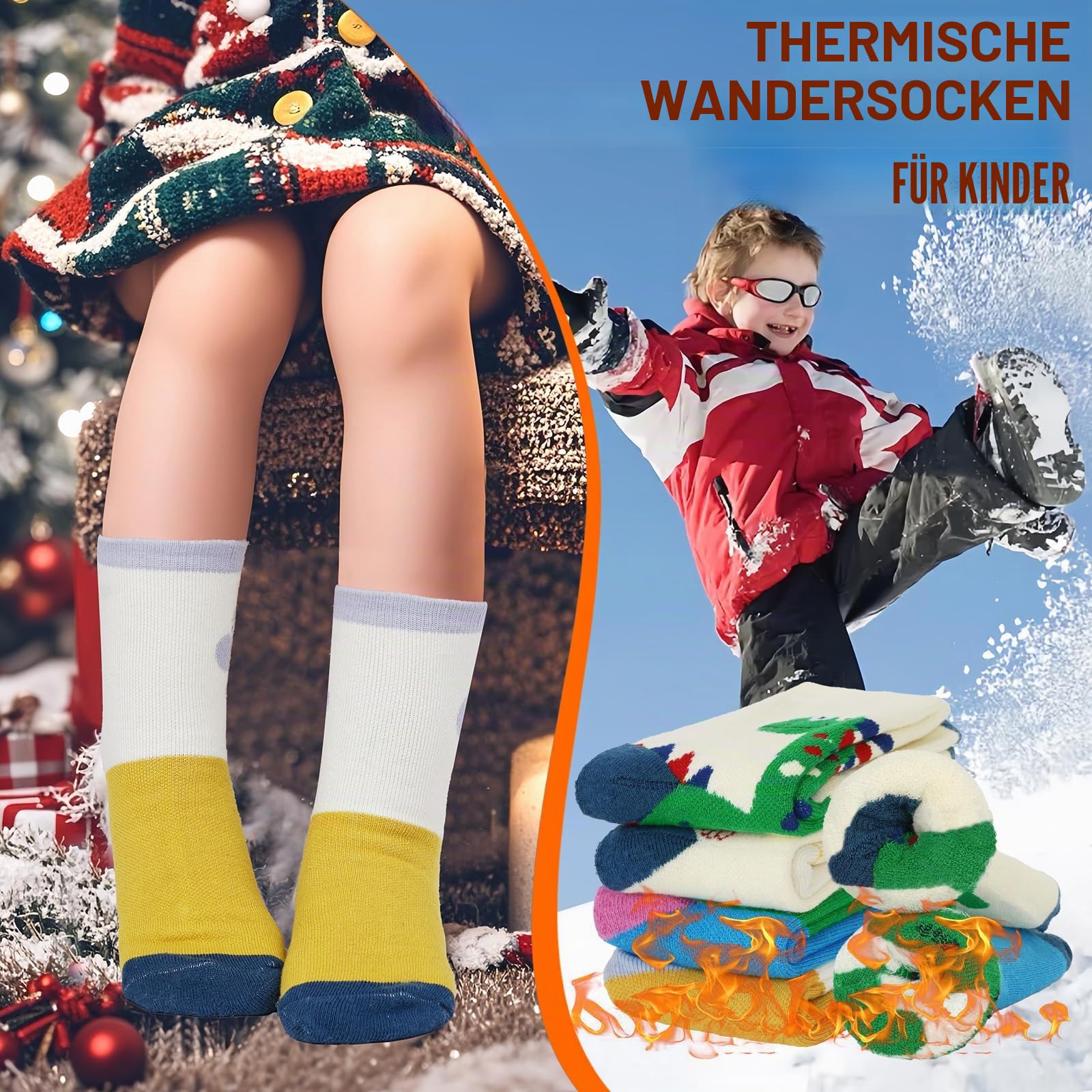 Warme Wintersocken für Kinder, Merinowolle, Wandern, verdickte Thermosocken für Jungen, Mädchen, Kleinkinder, Kinder, 4 Paar, 4 Pariser Dinosaurier, 3-5 Jahre