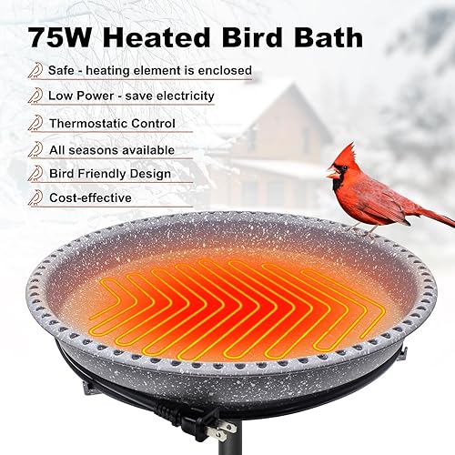 Miniatura 2 de BIRD WISH Baño para pájaros con calefacción, base de metal estable de 5 puntas, control de termostato resistente a la intemperie, para todas las