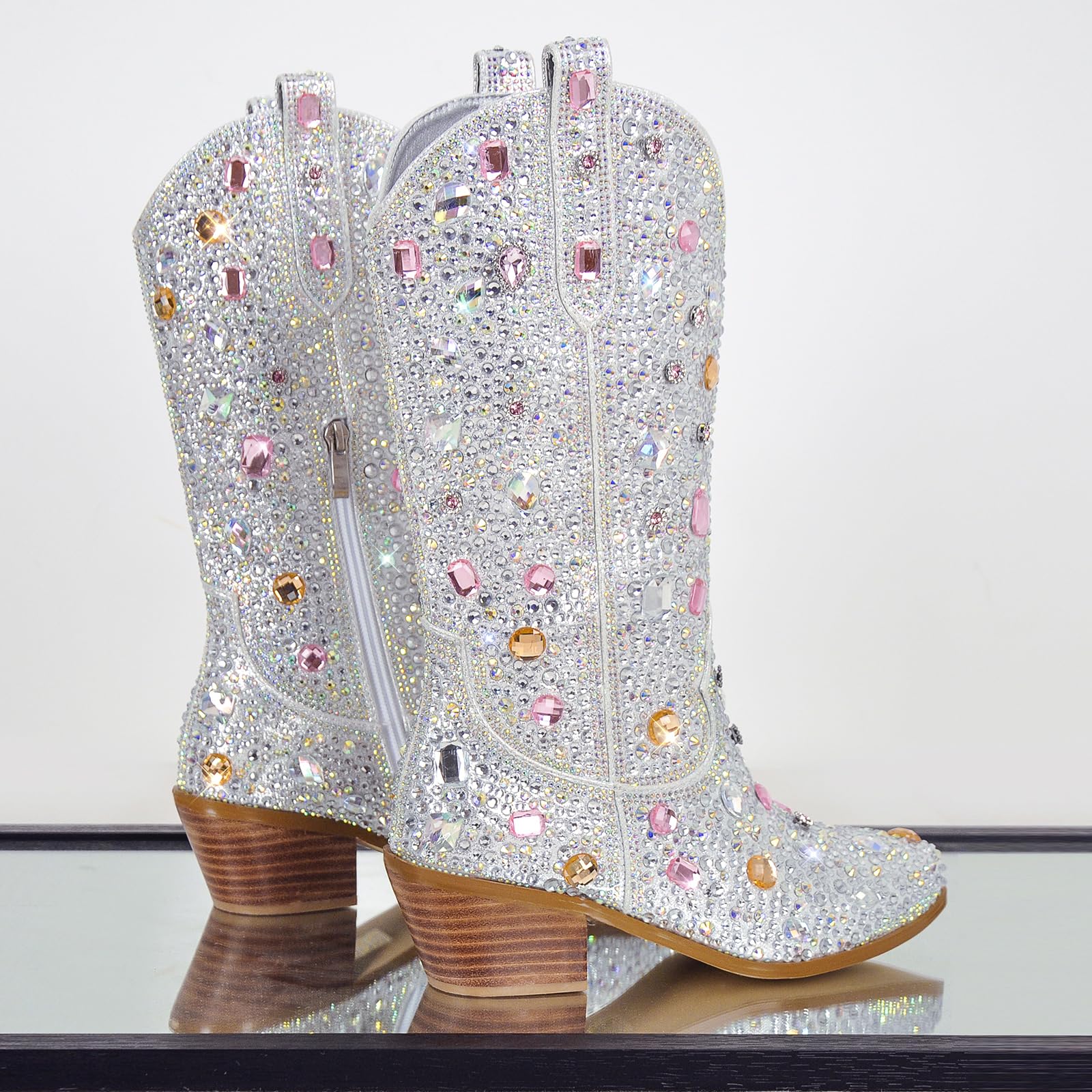 MissHeel Botines de vaquero brillantes con tacón de embudo con purpurina, botas occidentales decoradas con piedras preciosas
