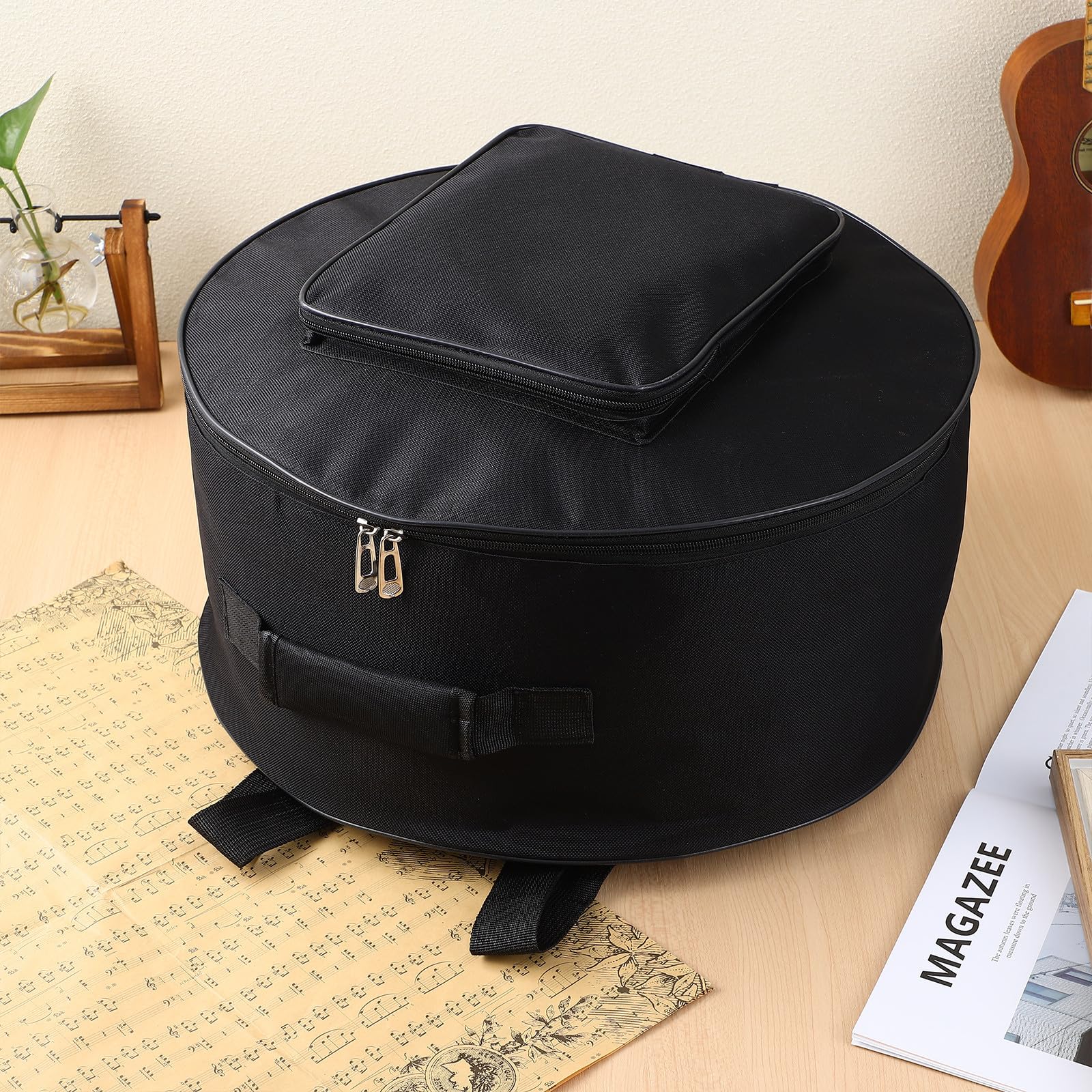 Generico Borsa per Rullante 13-14 Pollici in Nylon Rotonda, Borsa per Batteria Portatile Doppio Uso a Mano e Zaino, Custodia per Trasporto Strumenti a Percussione Resistente